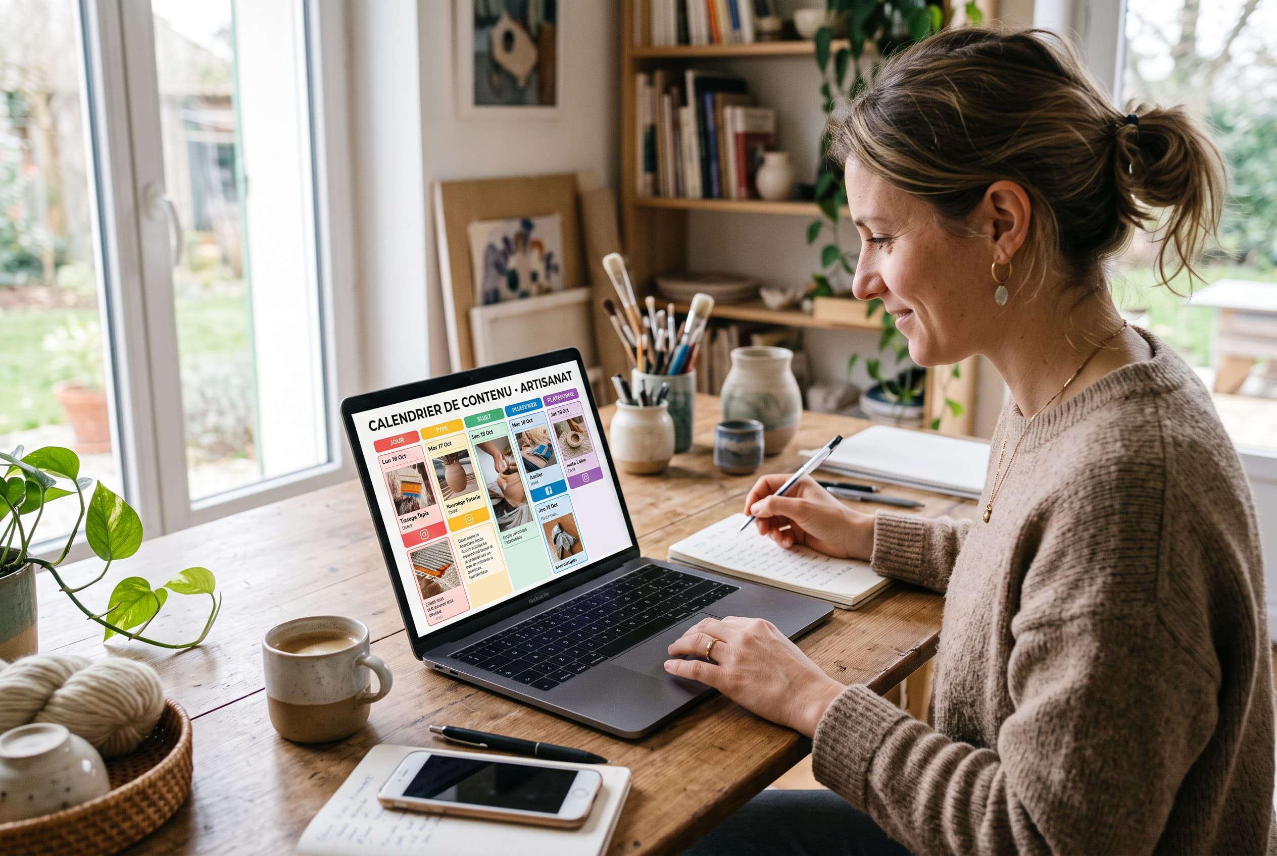 Écran montrant un site d’artisan transformé en calendrier de posts et reels pour réseaux sociaux