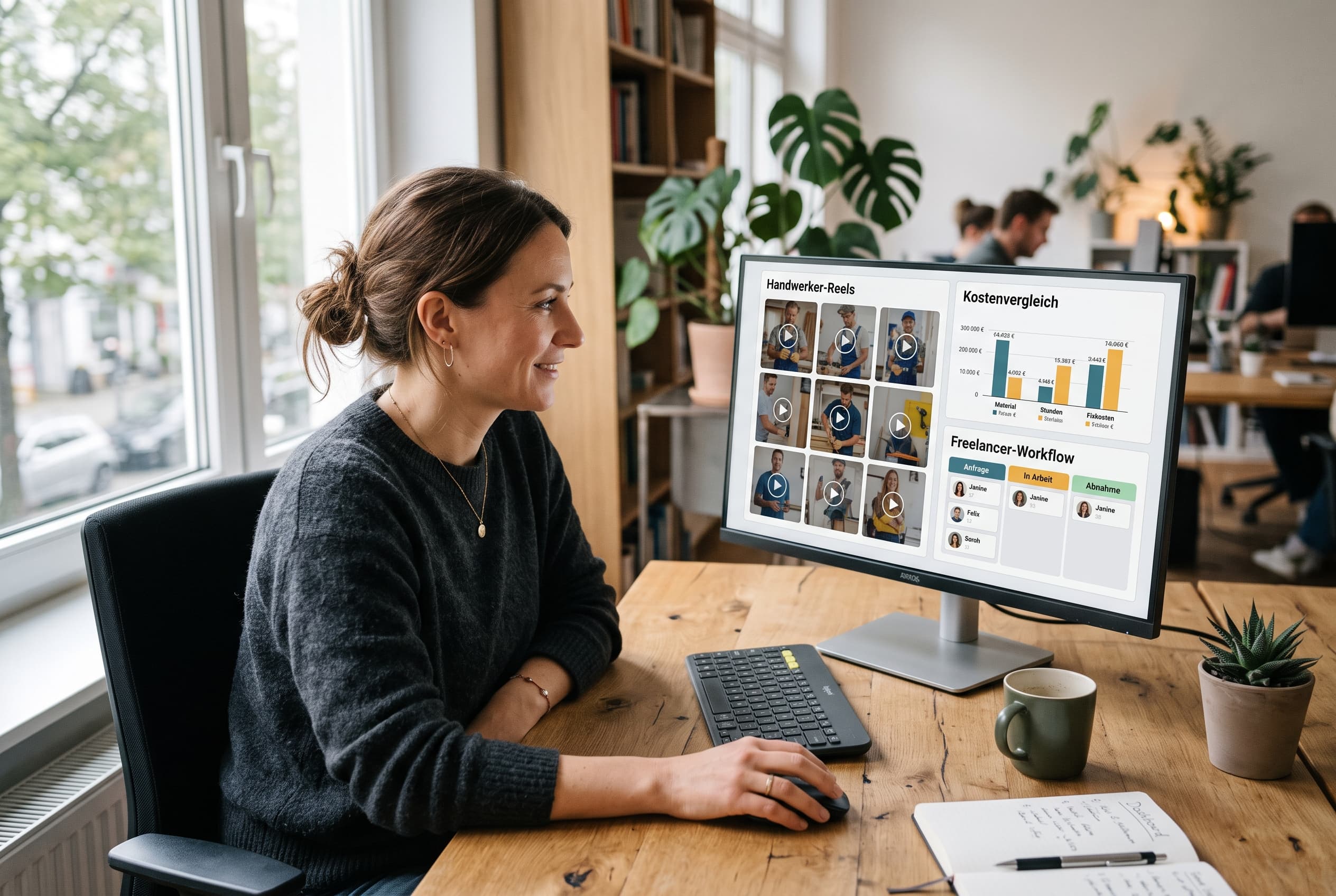 Agentur-Dashboard mit Handwerker-Reels, Kostenvergleich und Freelancer-Workflow auf einem Bildschirm
