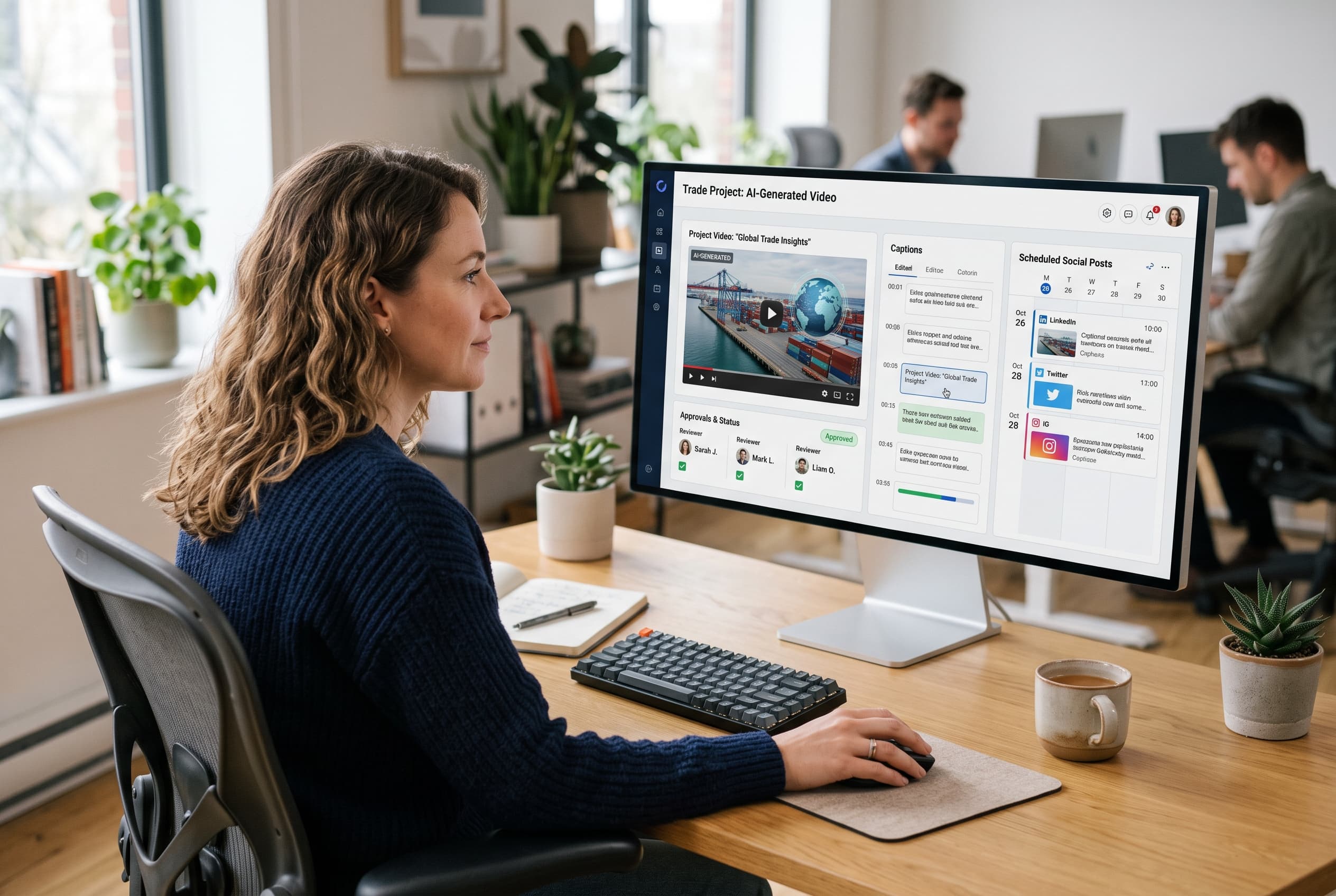 Dashboard showing an AI-generated trade project video, captions, approvals, and scheduled social posts