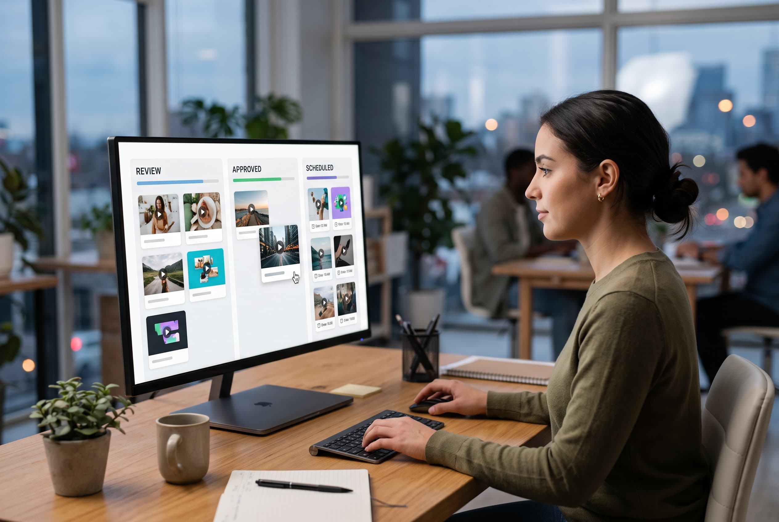 Agentur-Dashboard mit Kundenfreigaben, KI-Videoentwürfen und geplantem Social-Media-Kalender