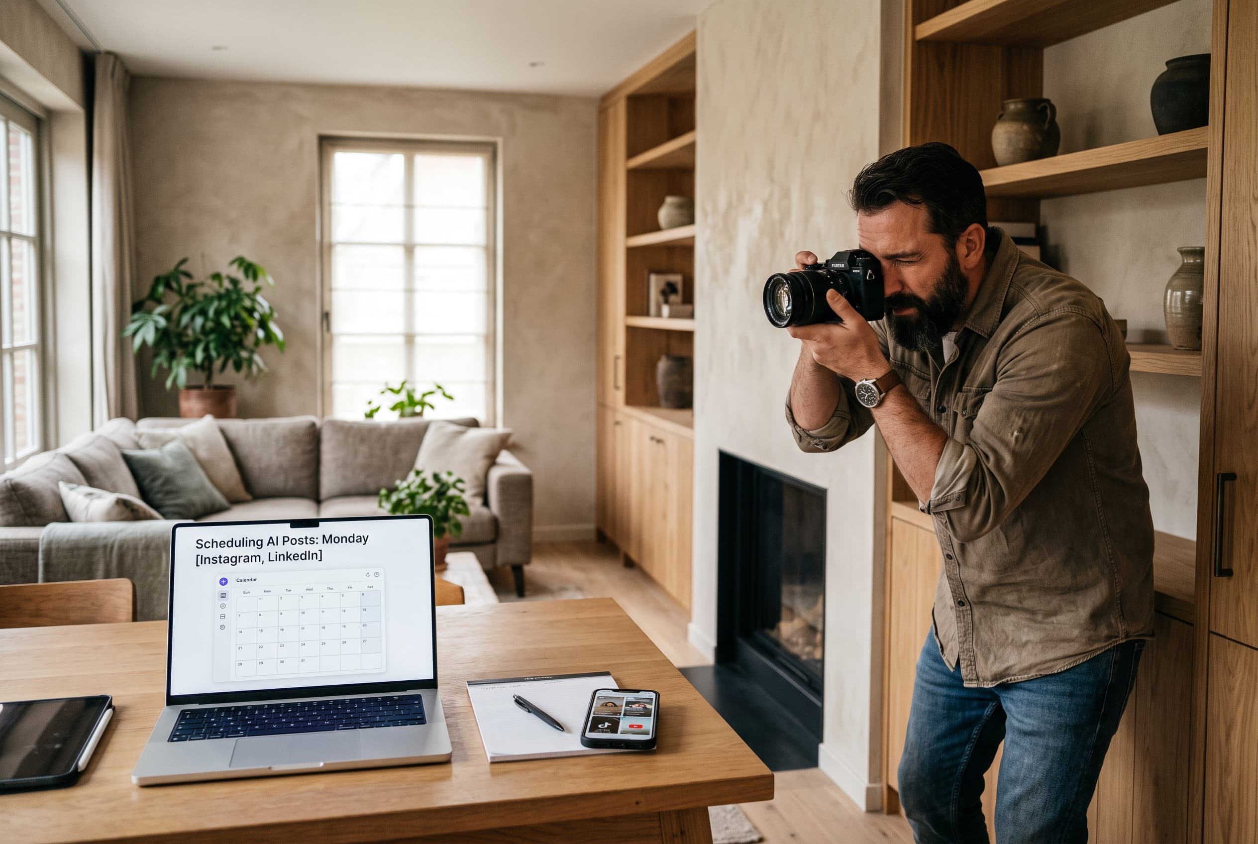 Vakman fotografeert een afgerond project terwijl AI posts en korte video’s plant op meerdere platforms