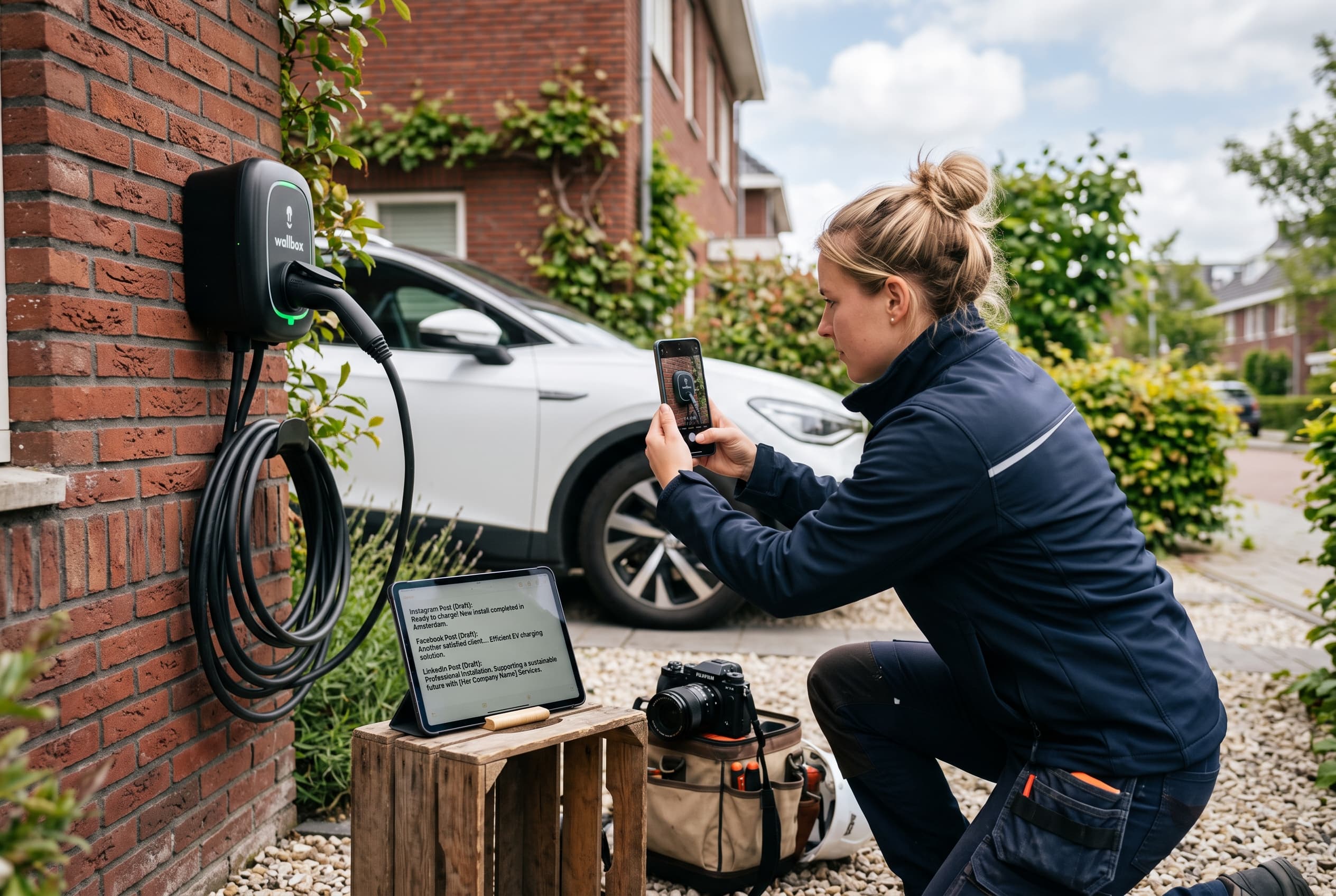 Elektricien fotografeert een afgewerkt laadpunt terwijl posts klaarstaan voor Instagram, Facebook en LinkedIn