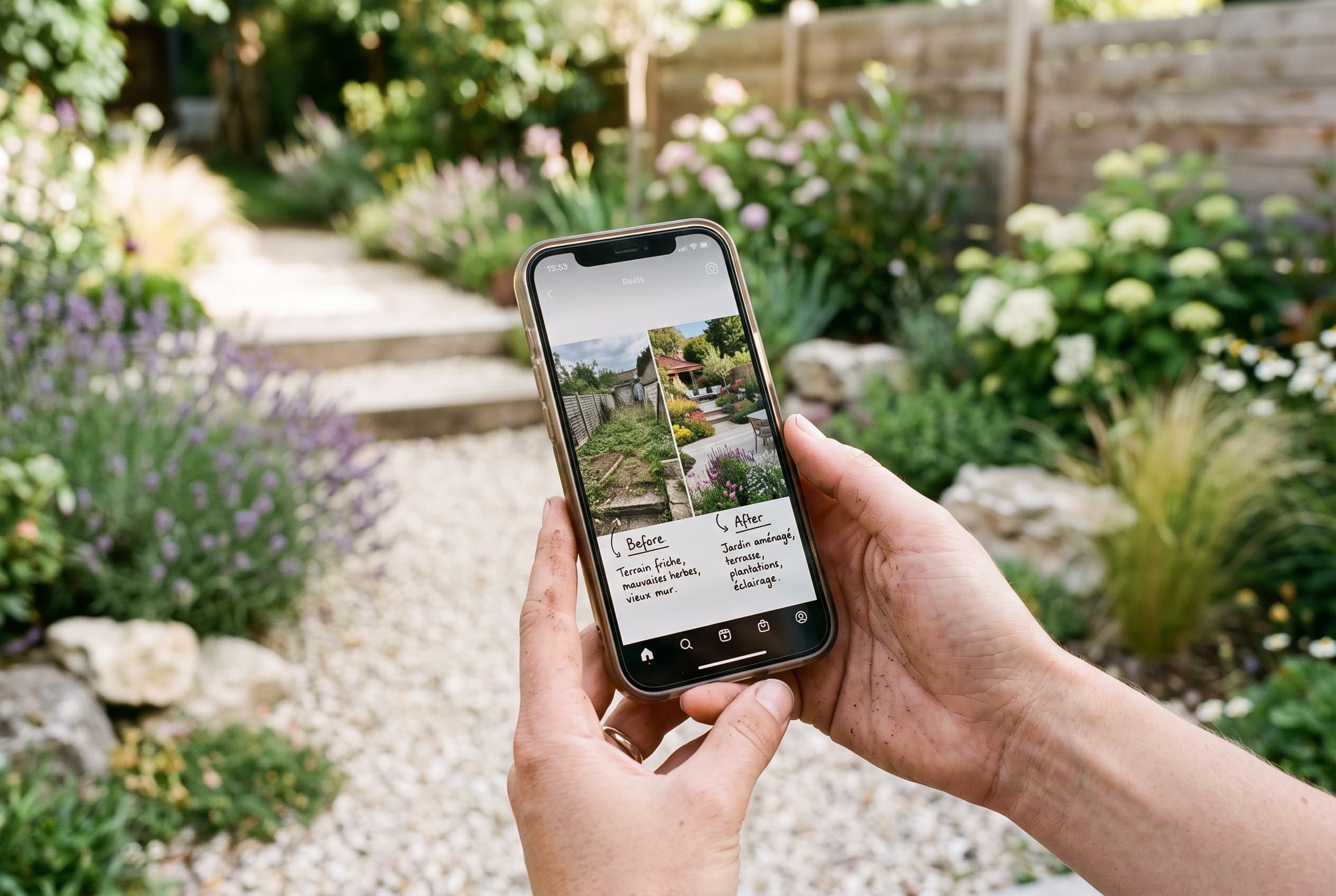Handyfotos einer Garten-Terrasse werden zu einem Vorher-Nachher-Reel für einen Landschaftsbauer sortiert