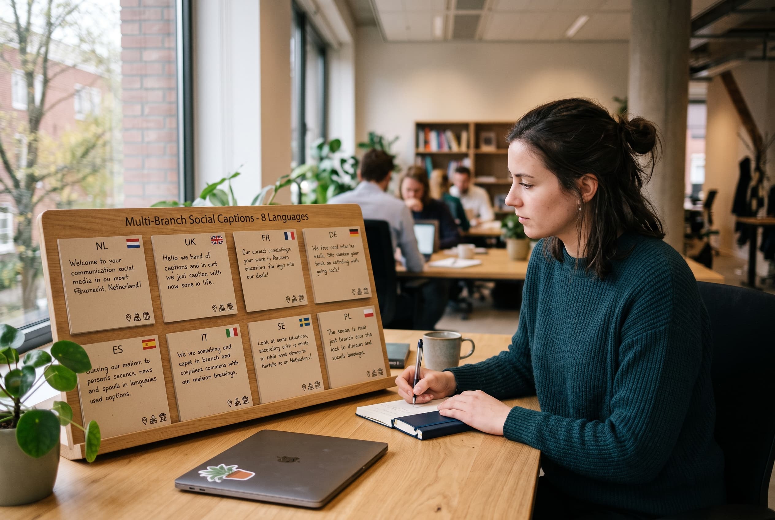 Agentur-Dashboard mit acht Sprachversionen von Social-Media-Captions für lokale Handwerksbetriebe