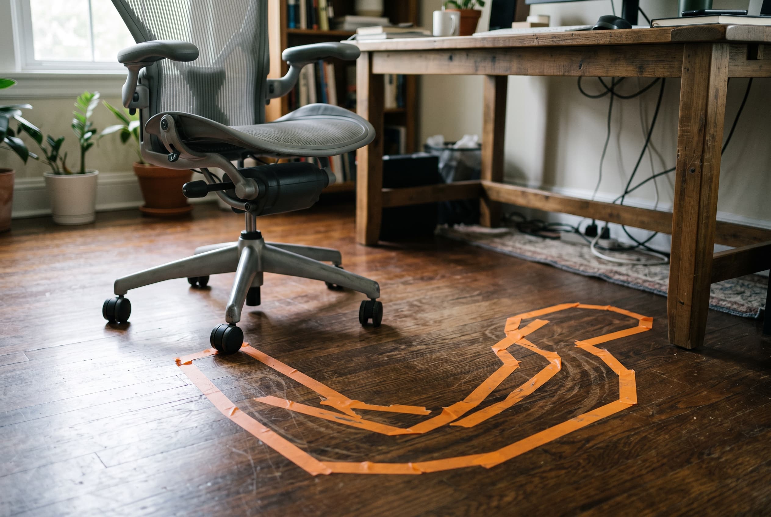 Tape outline on floor showing chair caster travel beside a desk and rolling office chair