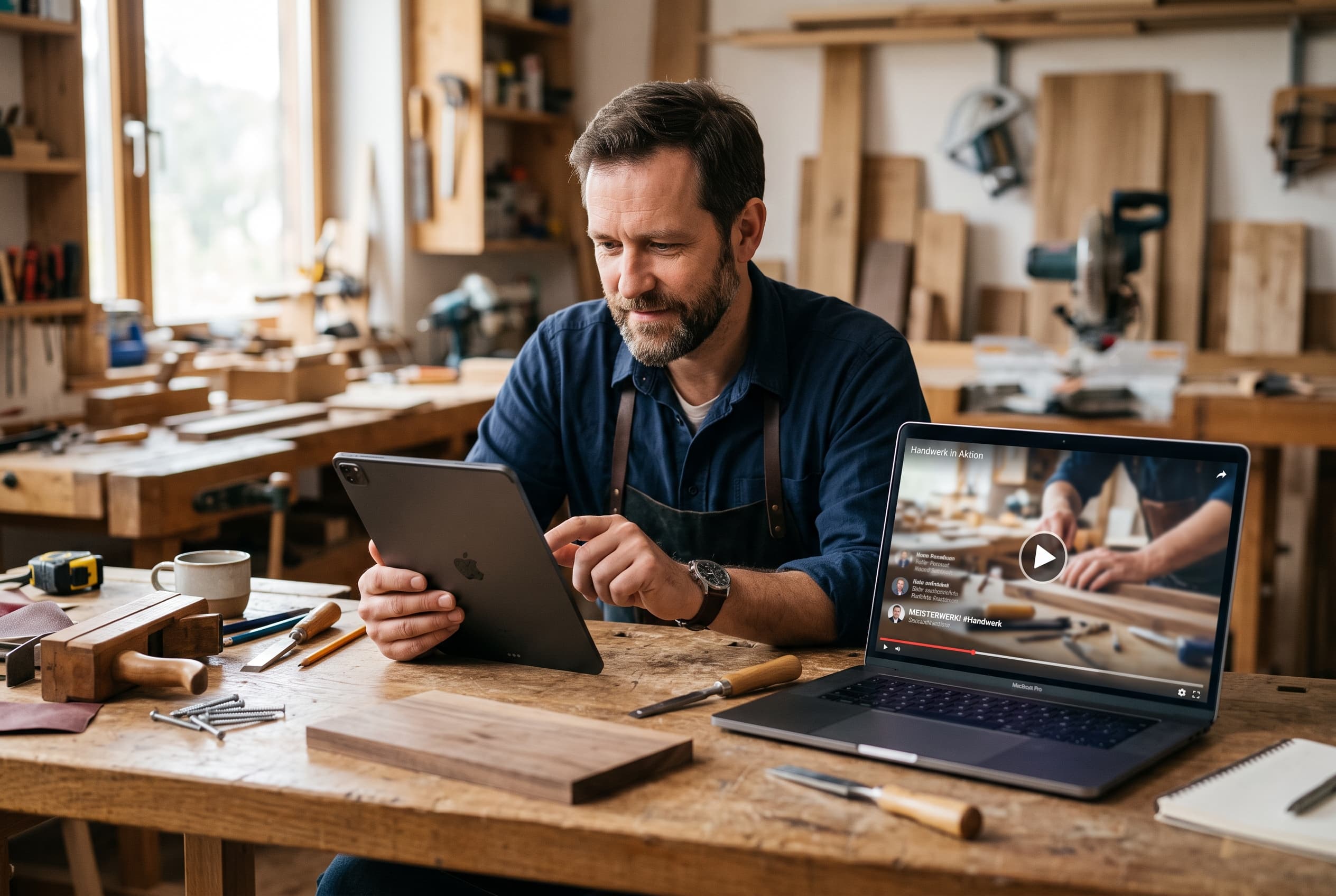 Handwerker prüft Kundenbewertung auf dem Tablet neben automatisch erstelltem Social-Media-Video