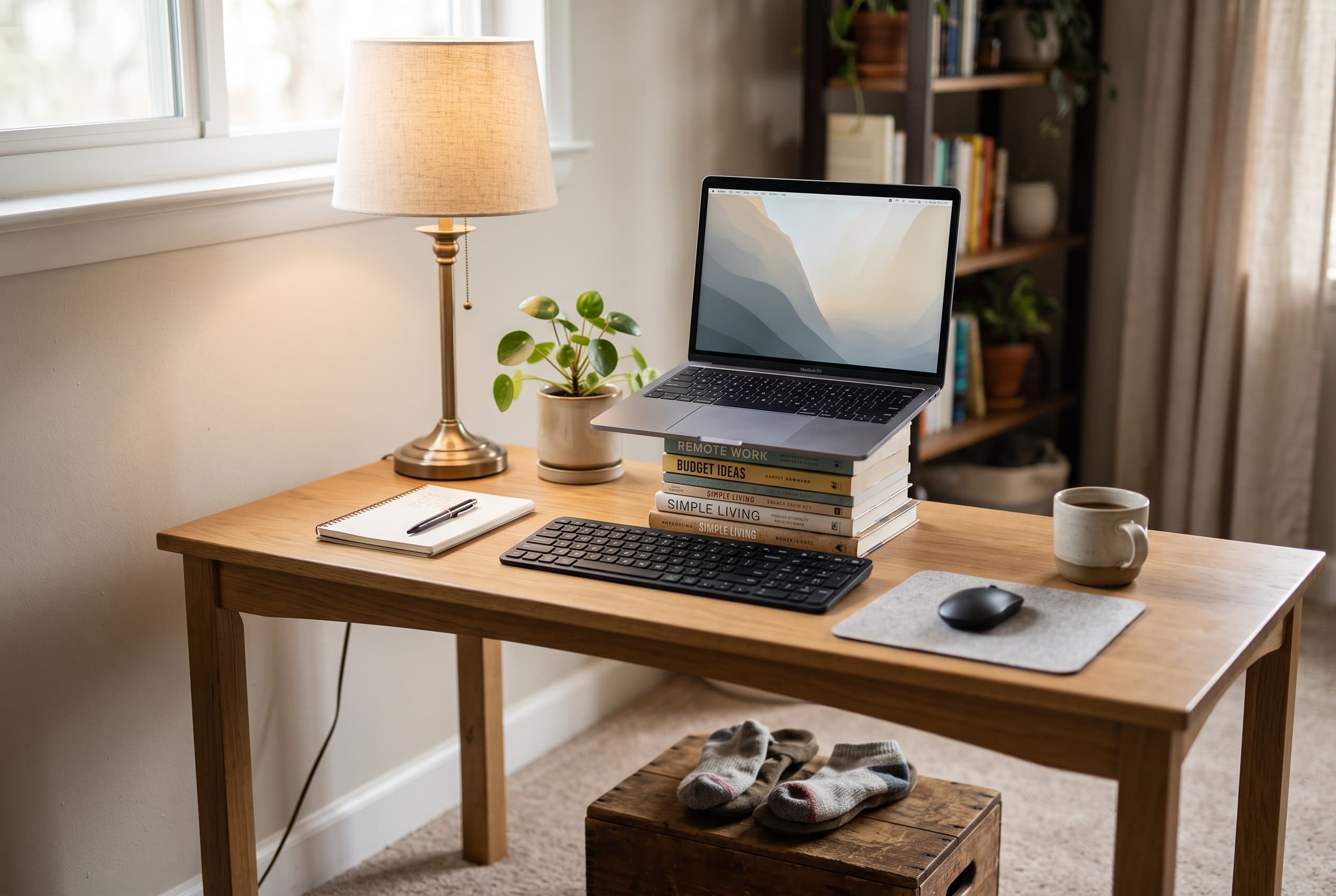 Budget home office desk with laptop on books, external keyboard, mouse, lamp, and box footrest