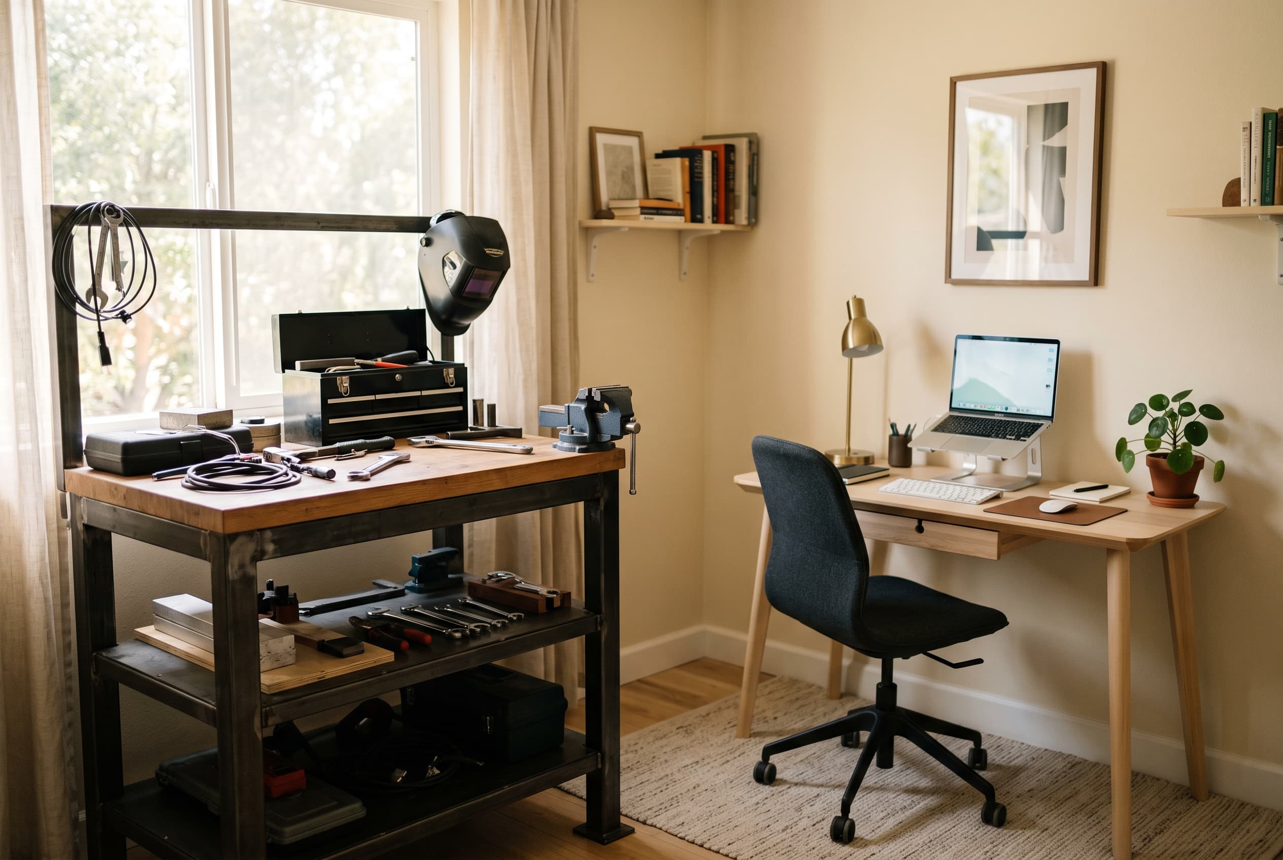 Heavy steel workbench beside a compact home office desk in a spare room