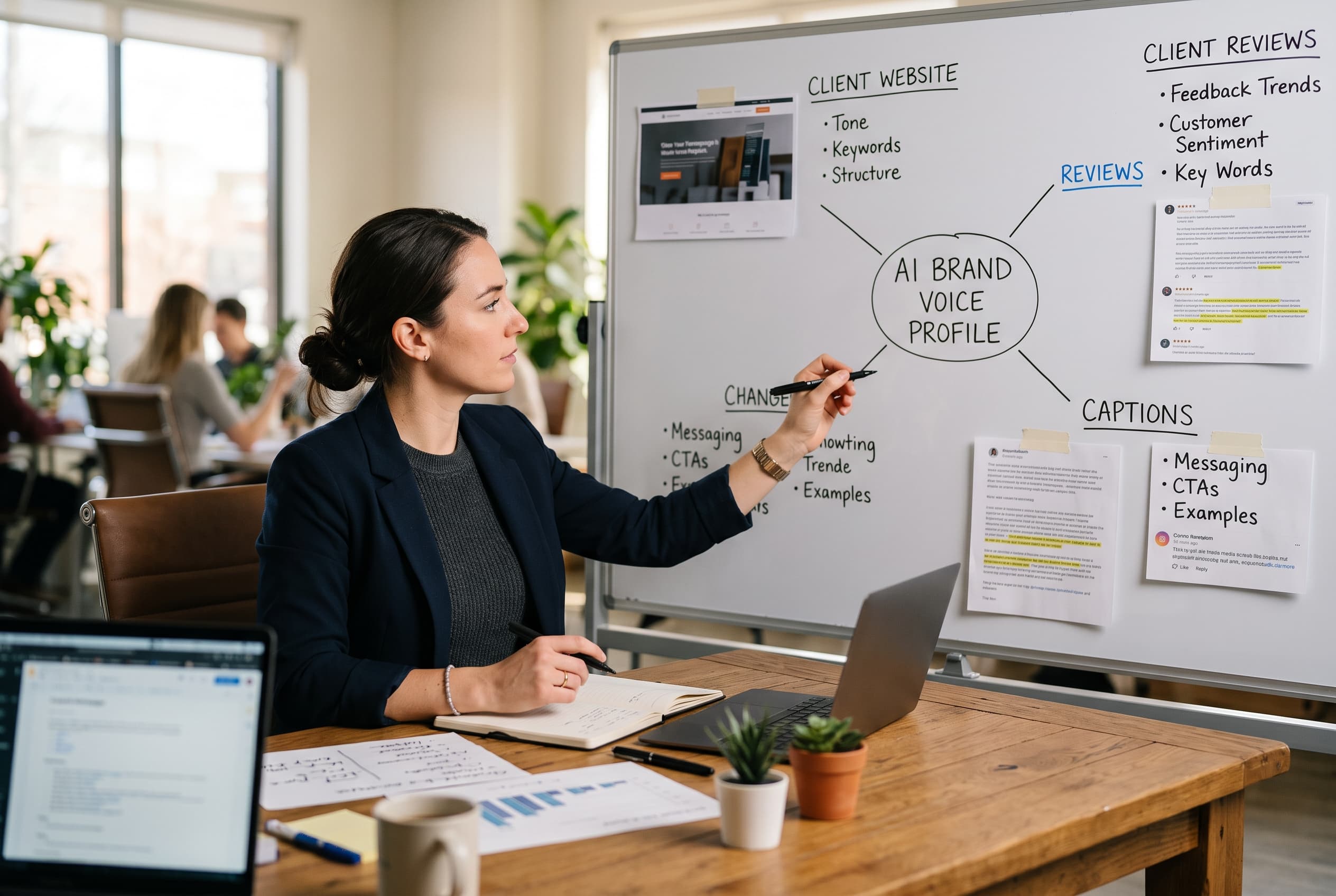Agency strategist mapping client website, reviews, and captions into an AI brand voice profile