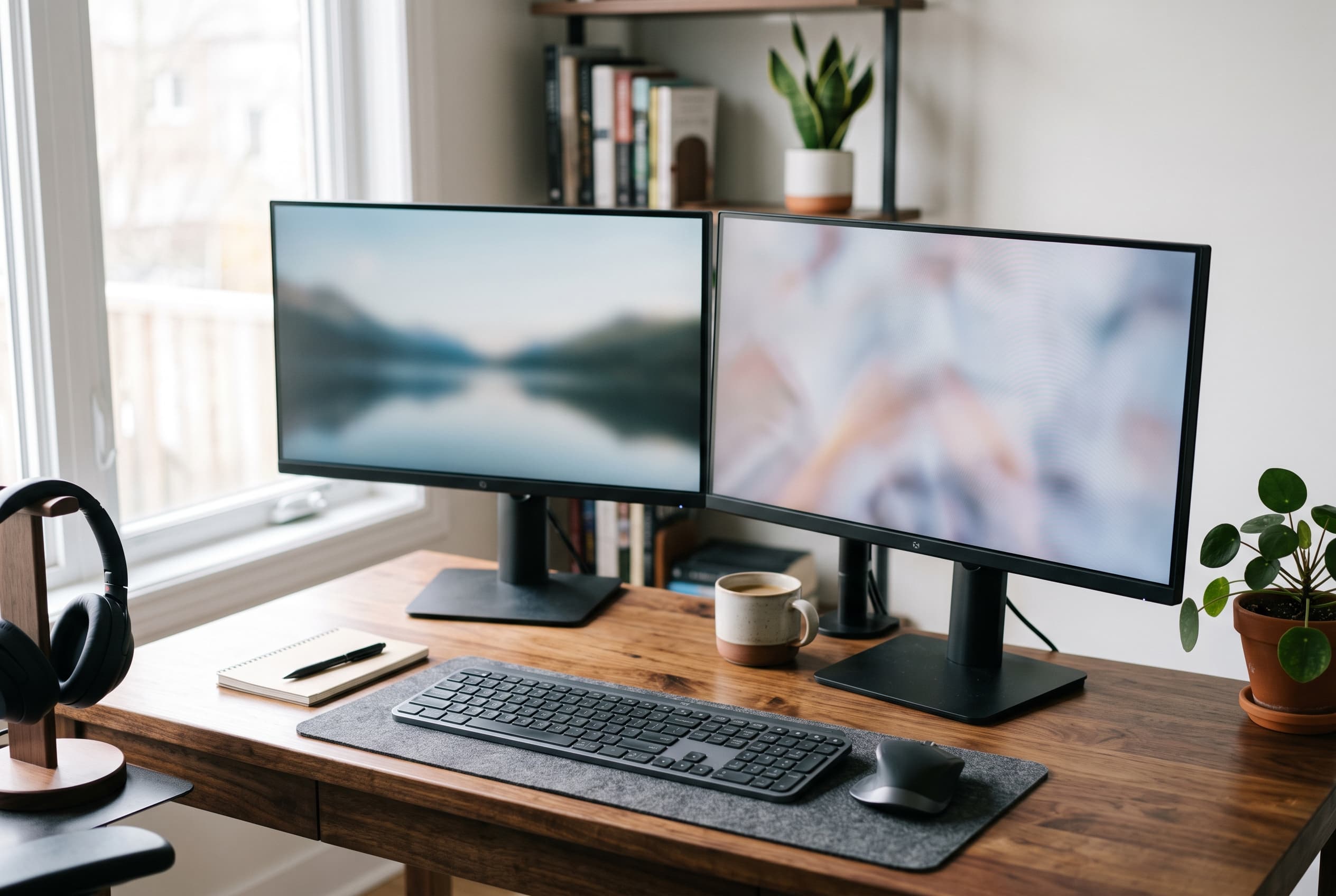 Two monitors angled on a compact 48-inch desk with clear keyboard and mouse space