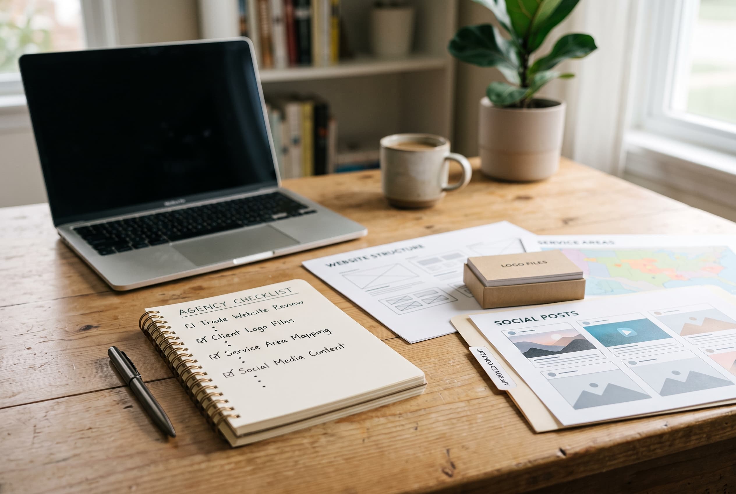 Agency checklist beside trade website screenshots, logo files, service areas, and approved social posts