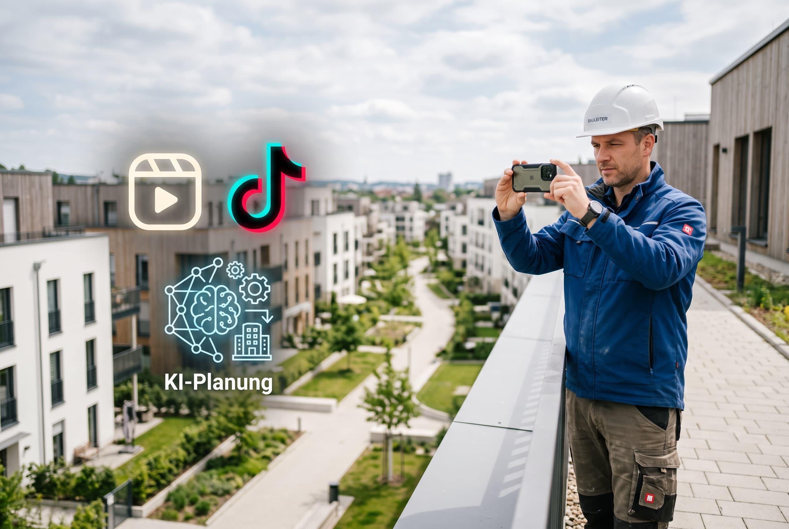 Bauleiter filmt fertige Baustelle mit Smartphone neben Icons für Instagram Reels und TikTok
