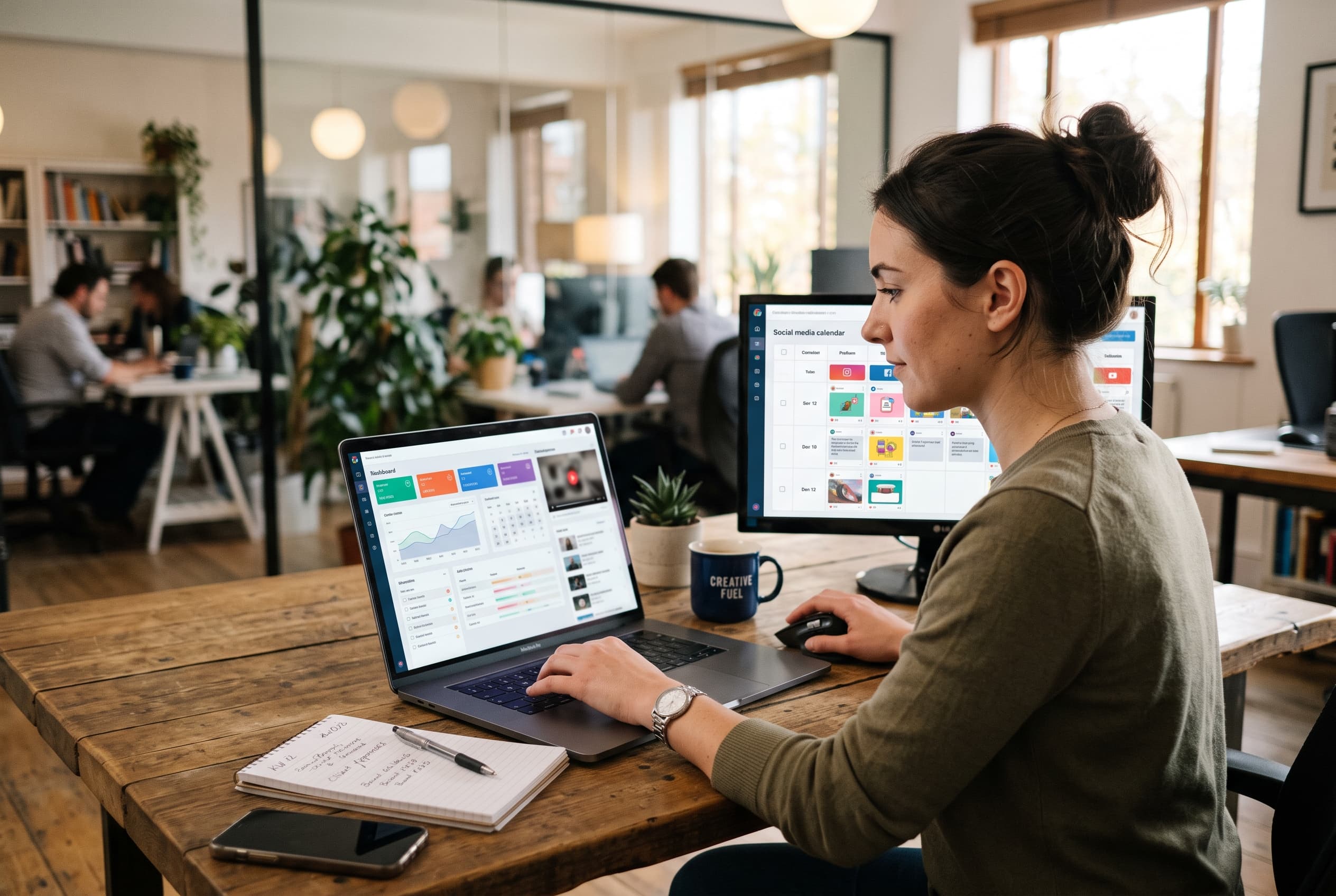 Agentur-Dashboard mit Freigabestatus, AI-Video-Post und mehreren Social-Media-Plattformen