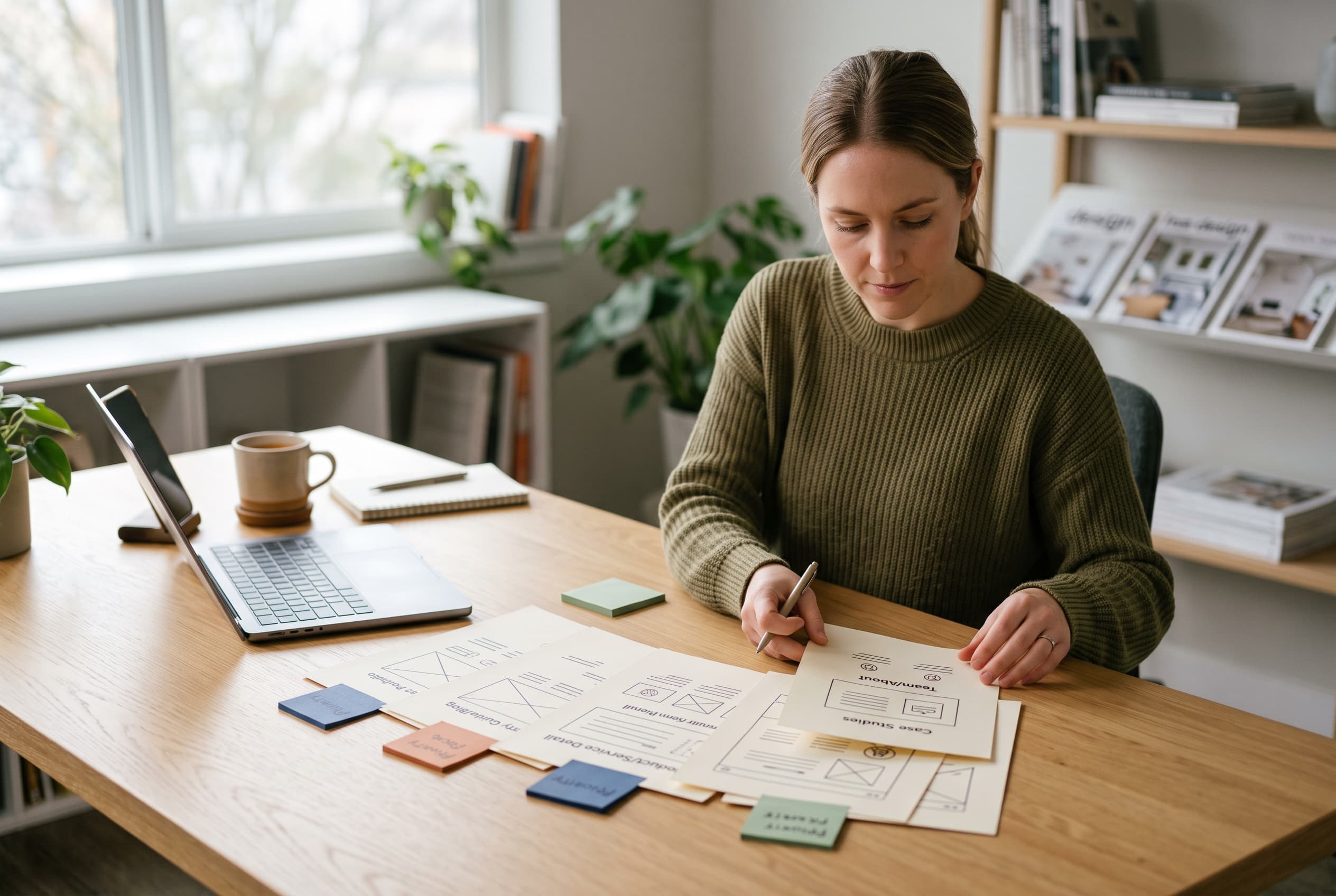 Vakman selecteert service-, locatie- en reviewpagina’s voor AI social media posts op een laptop