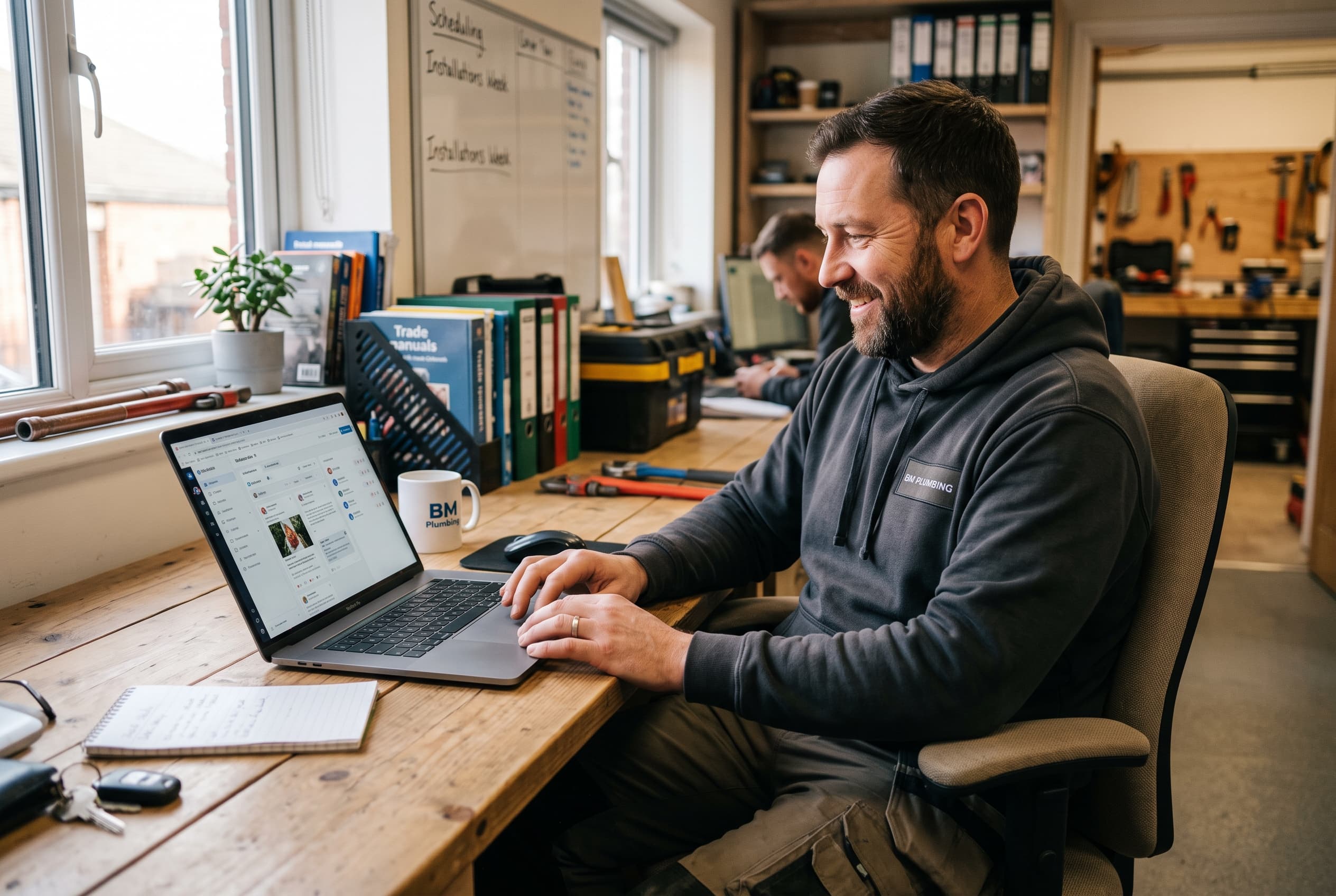Handwerker und Agenturteam prüfen KI-generierte Social-Media-Posts, Videos und Plattformplanung am Laptop