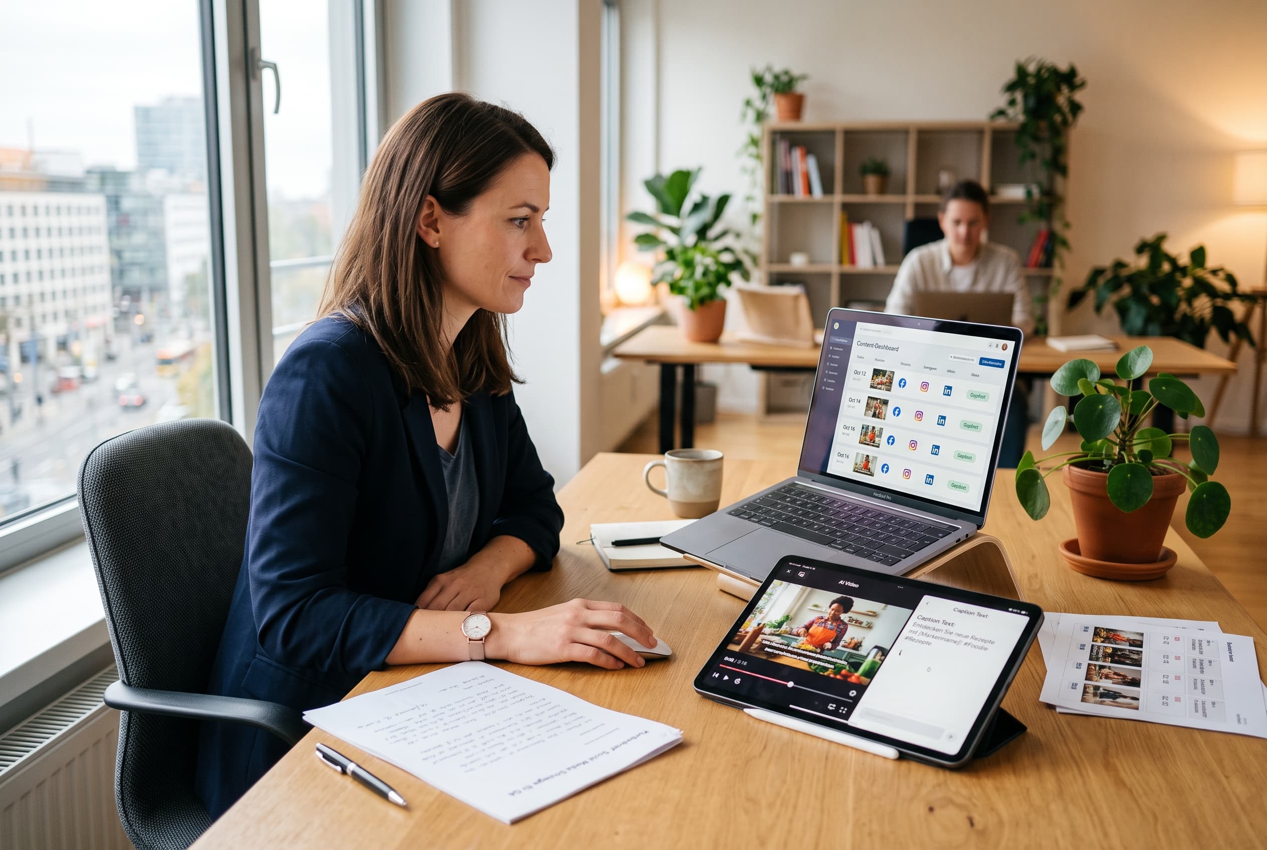 Agentur-Dashboard mit Briefing, AI-Video, Captions und geplanten Social-Media-Posts für mehrere Kunden