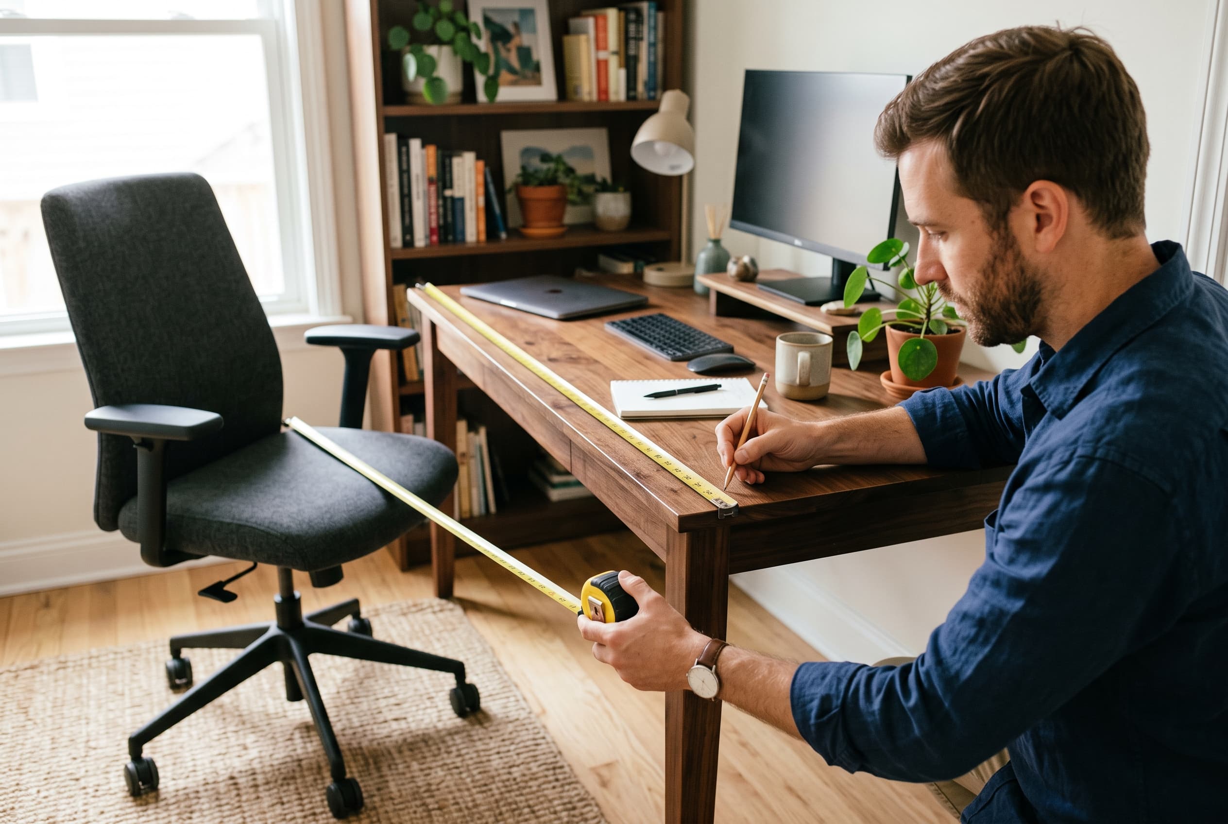 Tape measure marking desk width and chair clearance in a small home office