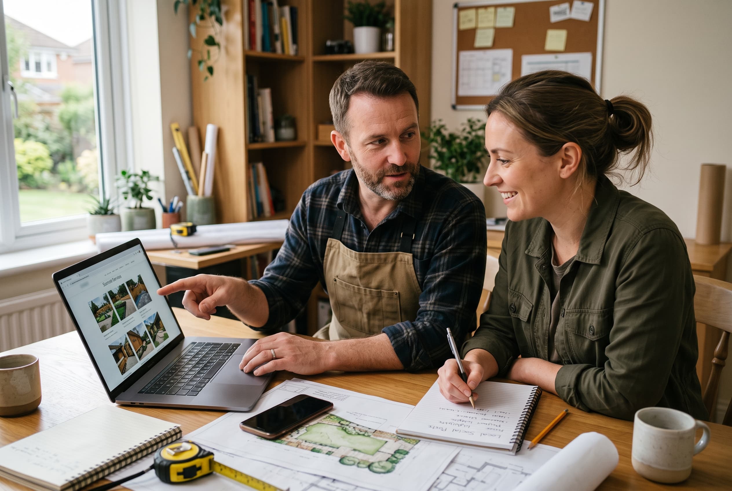 Builder and landscaper planning local social posts from a services page on a laptop
