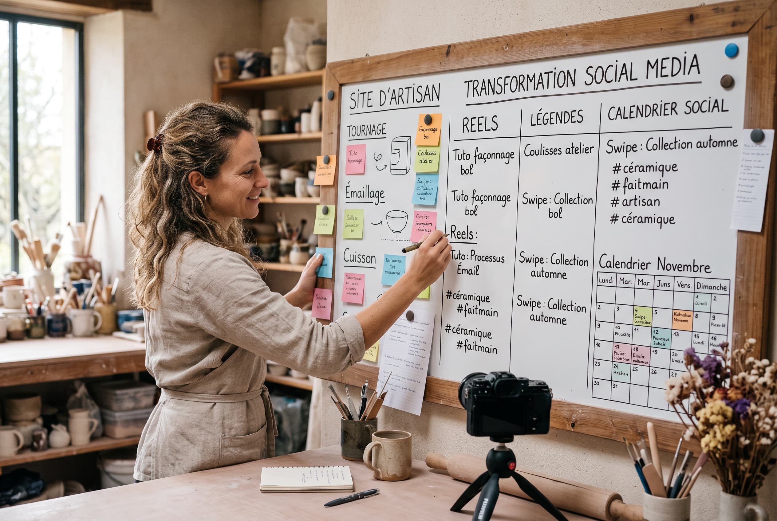Tableau de production montrant un site d’artisan transformé en reels, légendes et calendrier social media