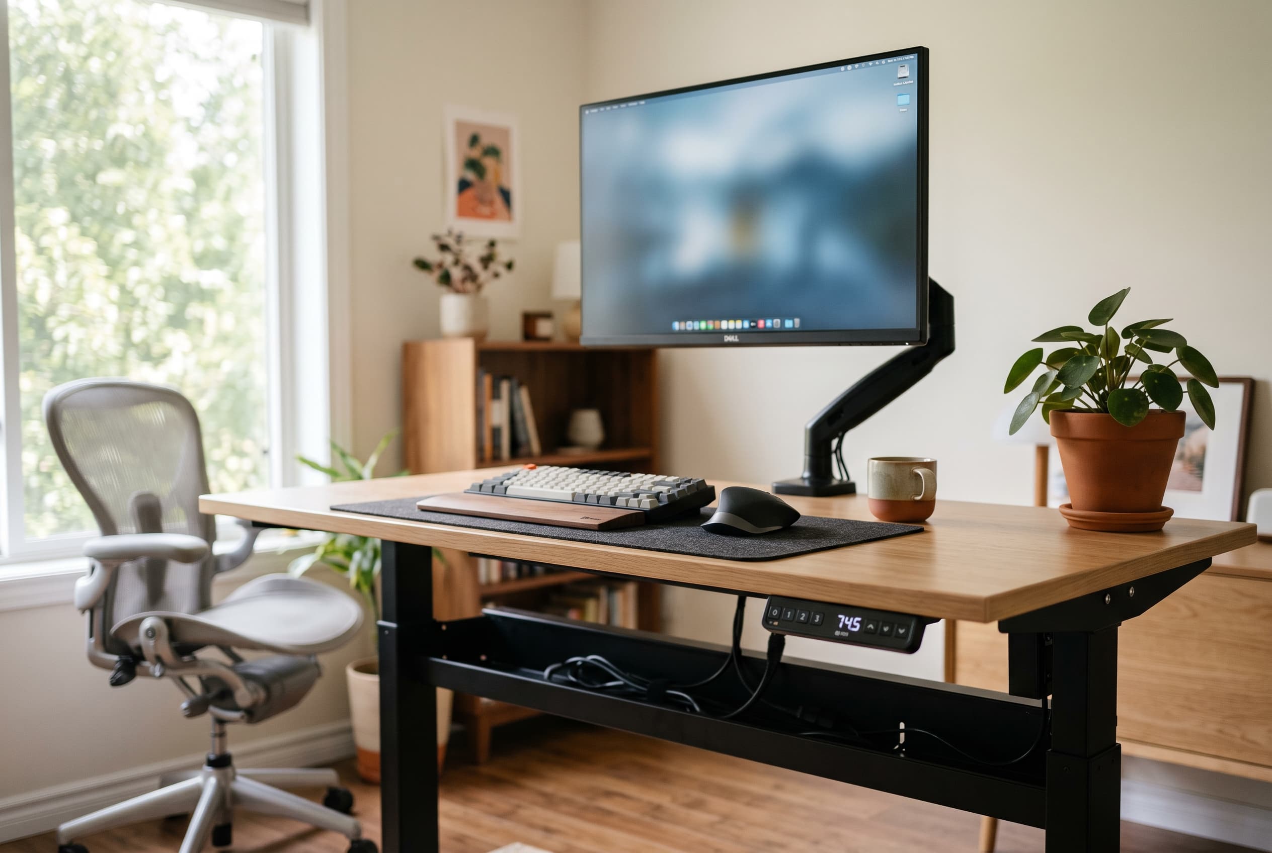 Modern home office with electric smart desk, monitor, cable tray, and height preset controller