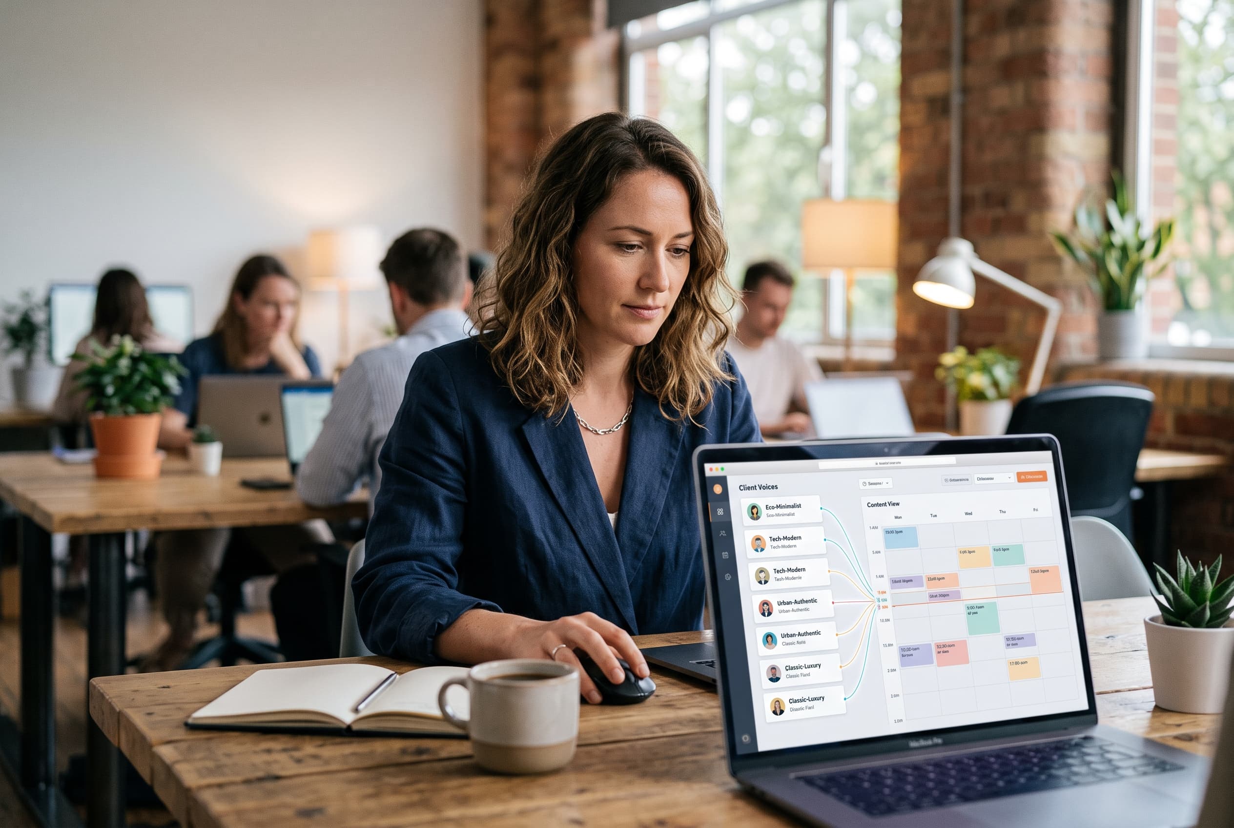 Agency dashboard showing 10 client brand voice profiles connected to scheduled social media posts