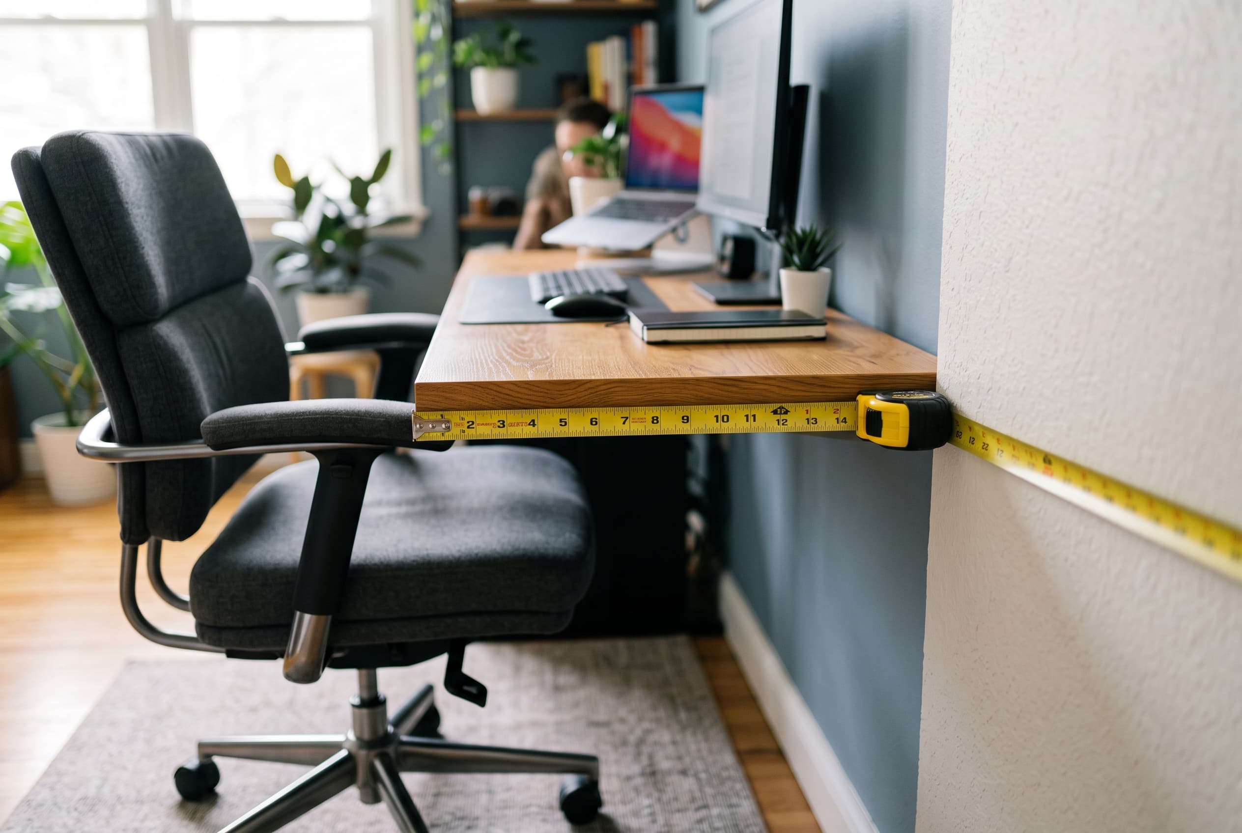 Tape measure showing clearance between an office chair, desk edge, and wall in a compact home office