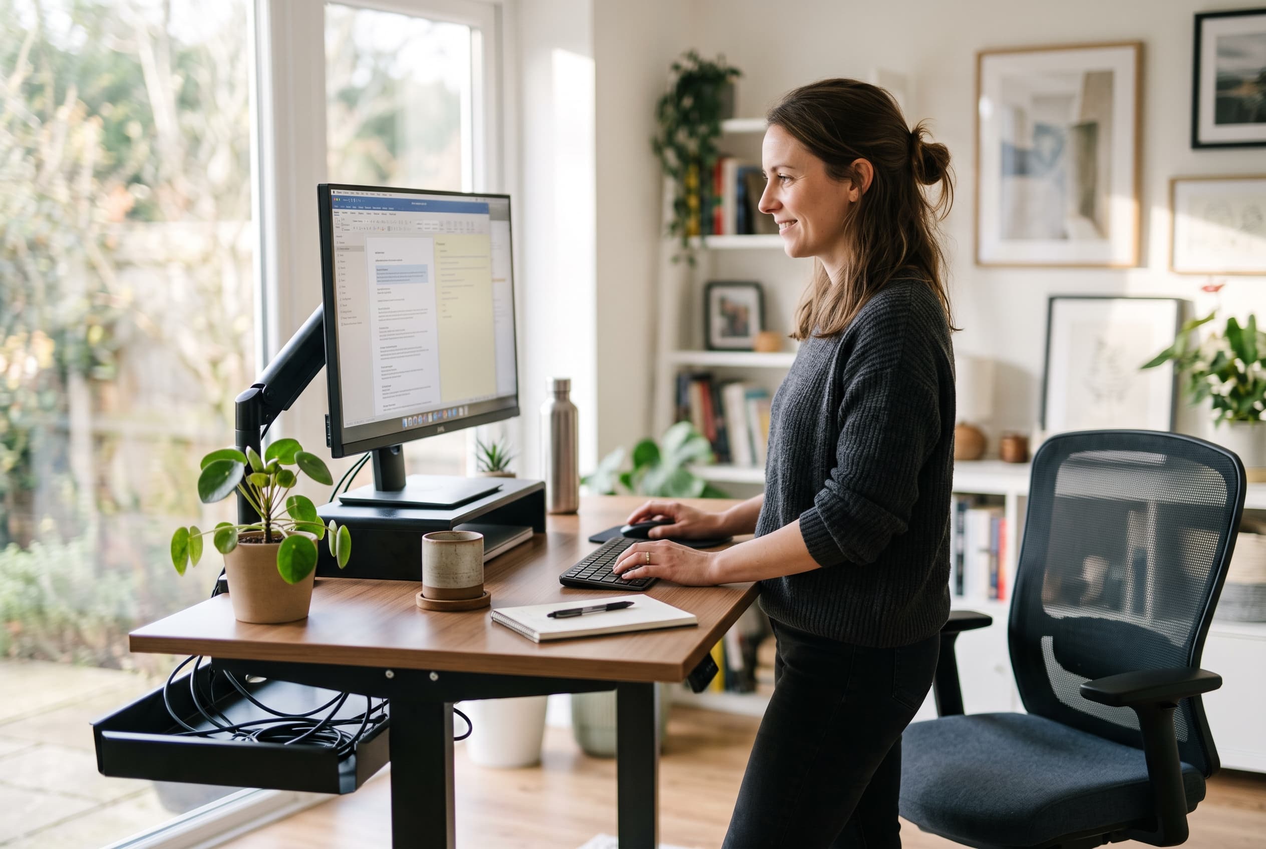 Adjustable desk with monitor at eye level, chair nearby, and worker alternating between sitting and standing