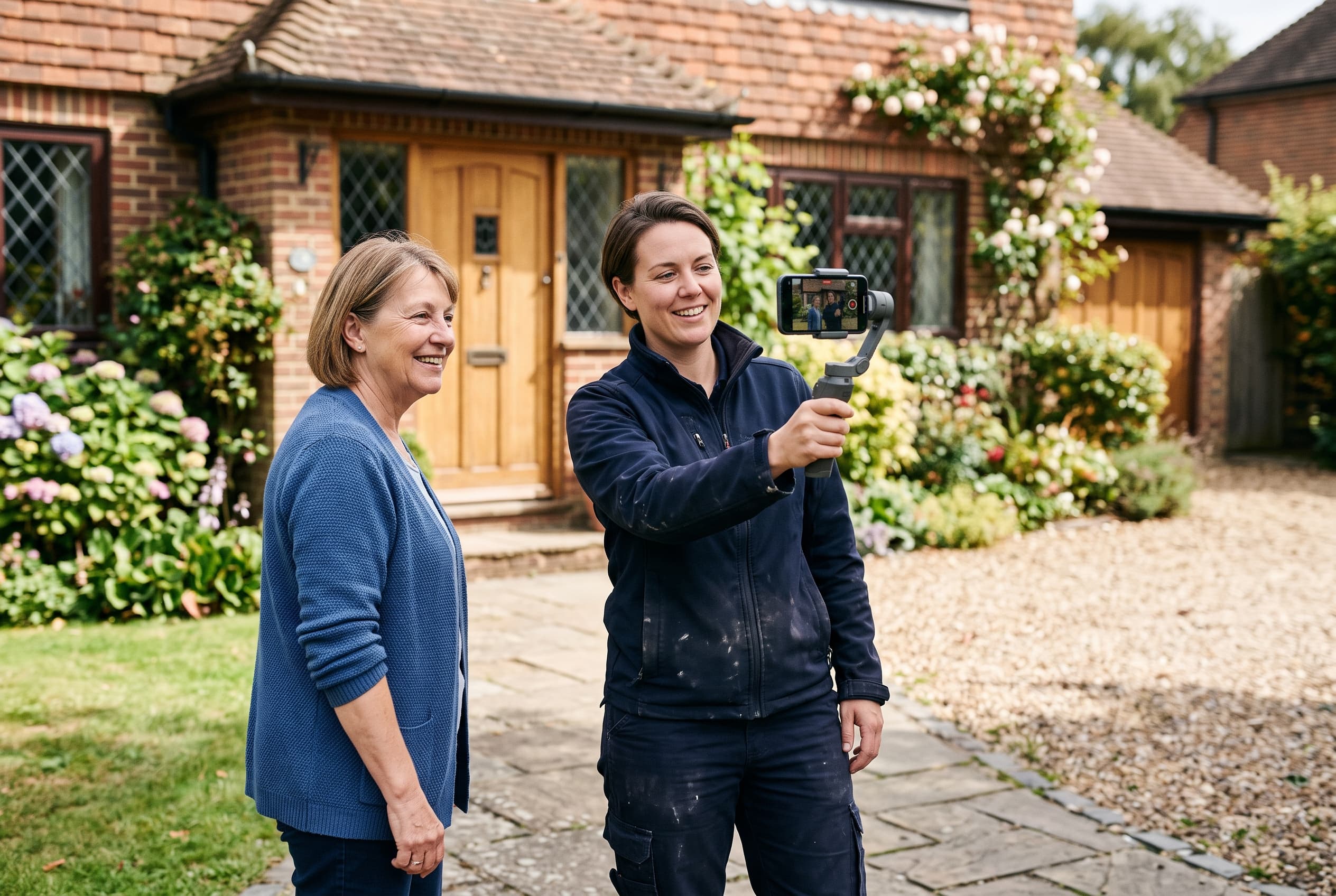 Tradesperson filming a short local service reel outside a homeowner’s property with caption prompts