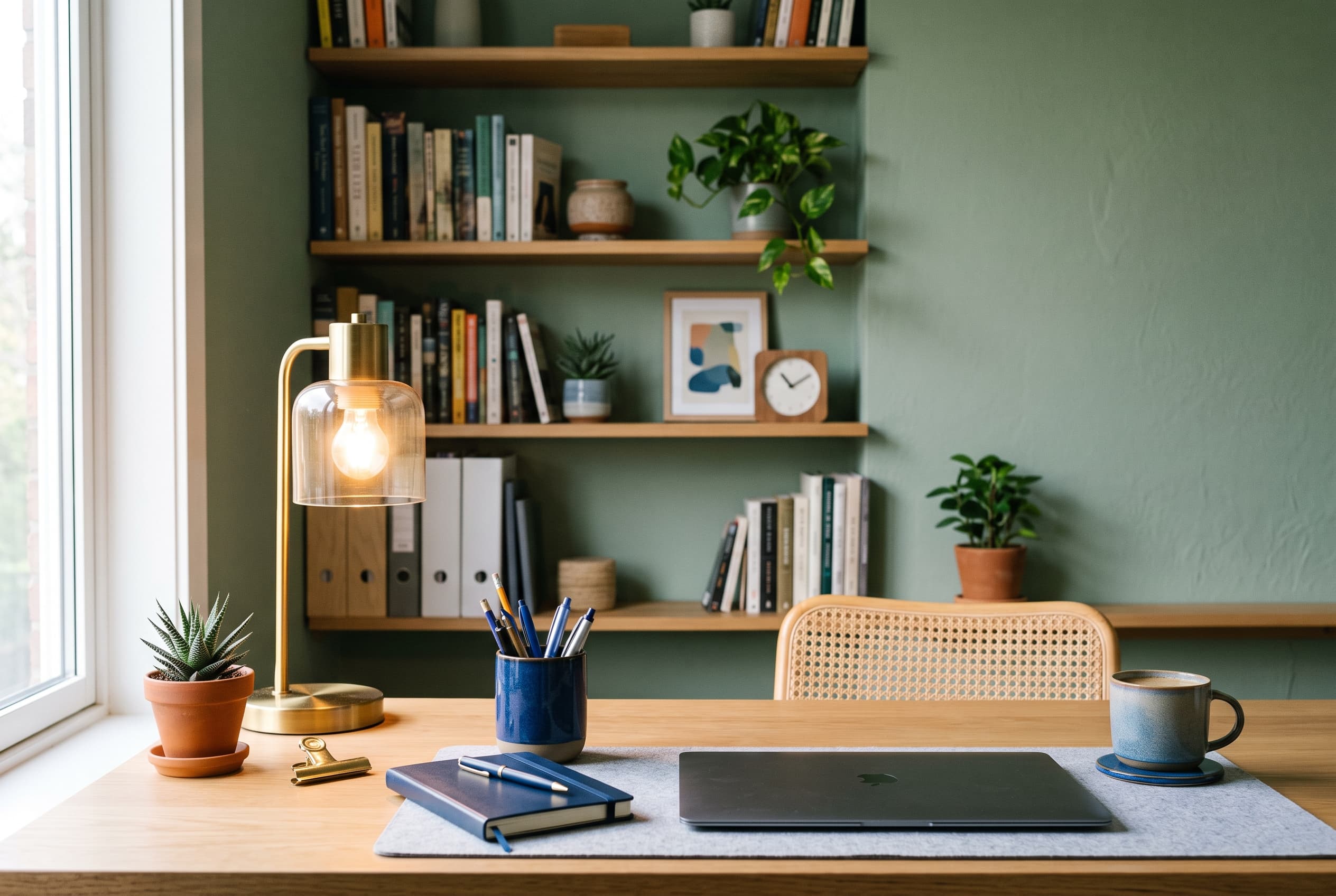 Home office with muted green wall, warm desk lamp, organized shelves, and blue desk accessories