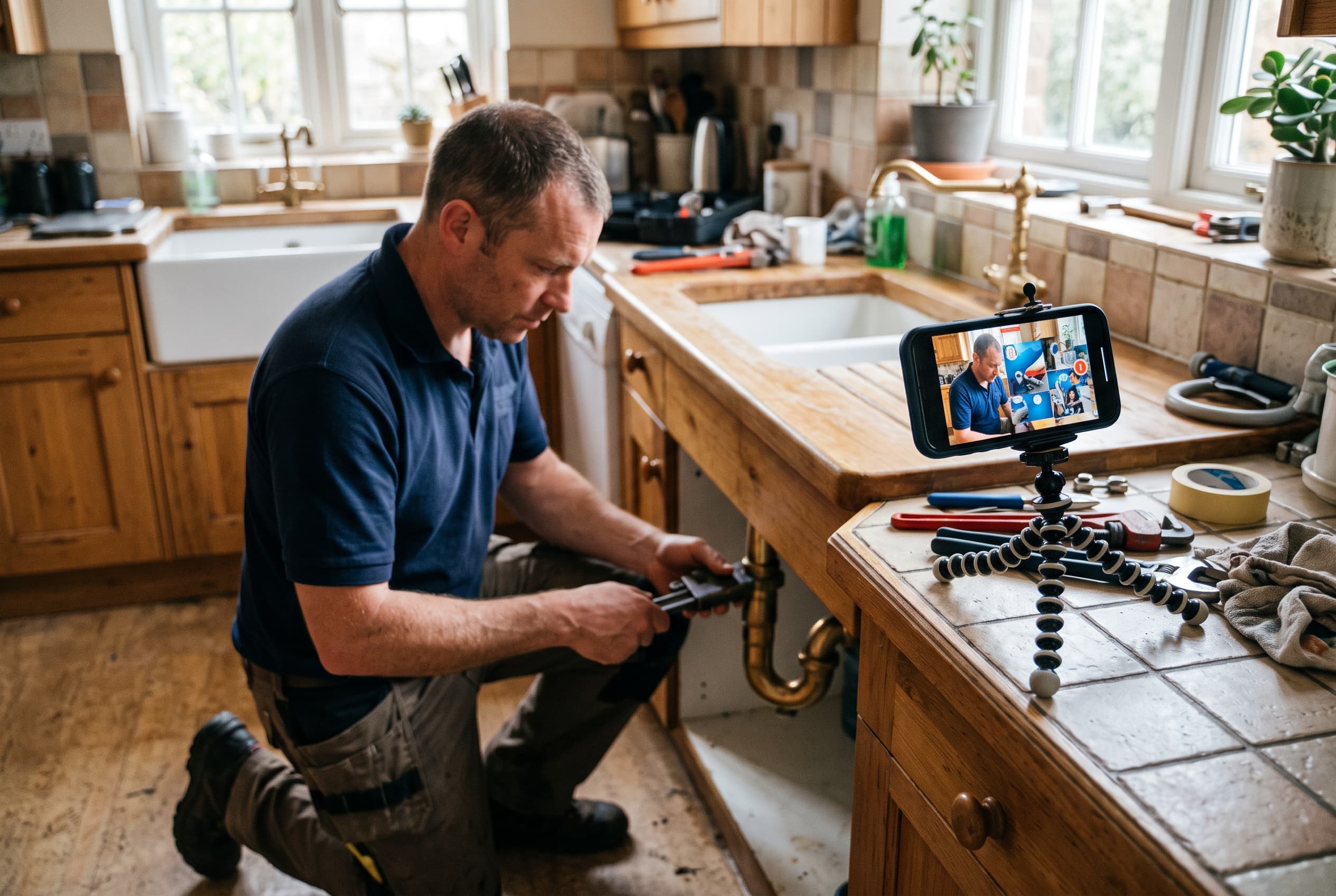 Monteur filmt een groepenkast terwijl een laptop websitetekst omzet naar social media reels
