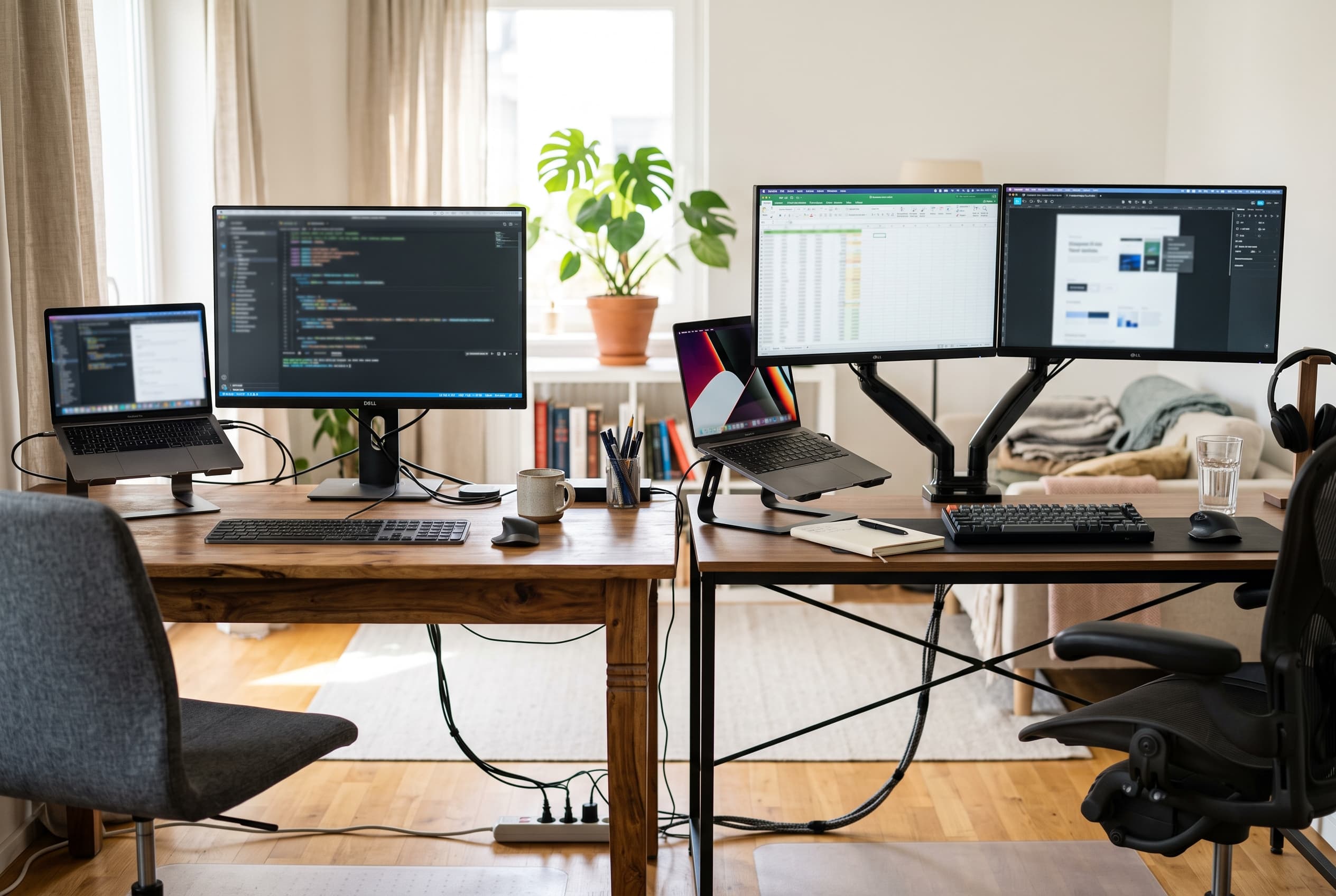 Side-by-side home office setup with a wooden desk and a metal-frame desk holding monitors and cables