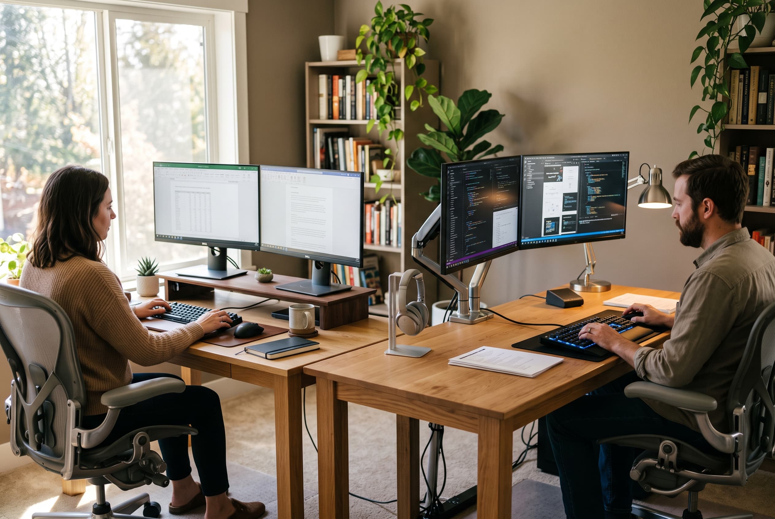 Two home office desks side by side, one 48 inches and one 60 inches, each with dual monitors and a keyboard tray