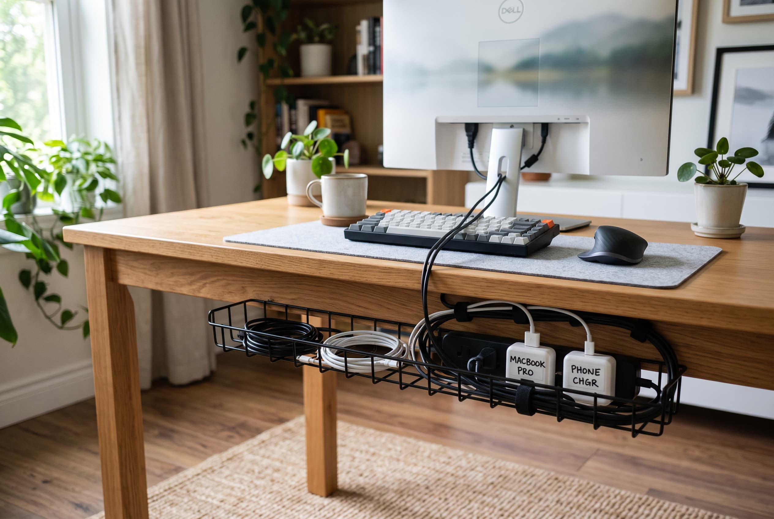 Clean home office desk with cables routed into an under-desk tray and labeled chargers