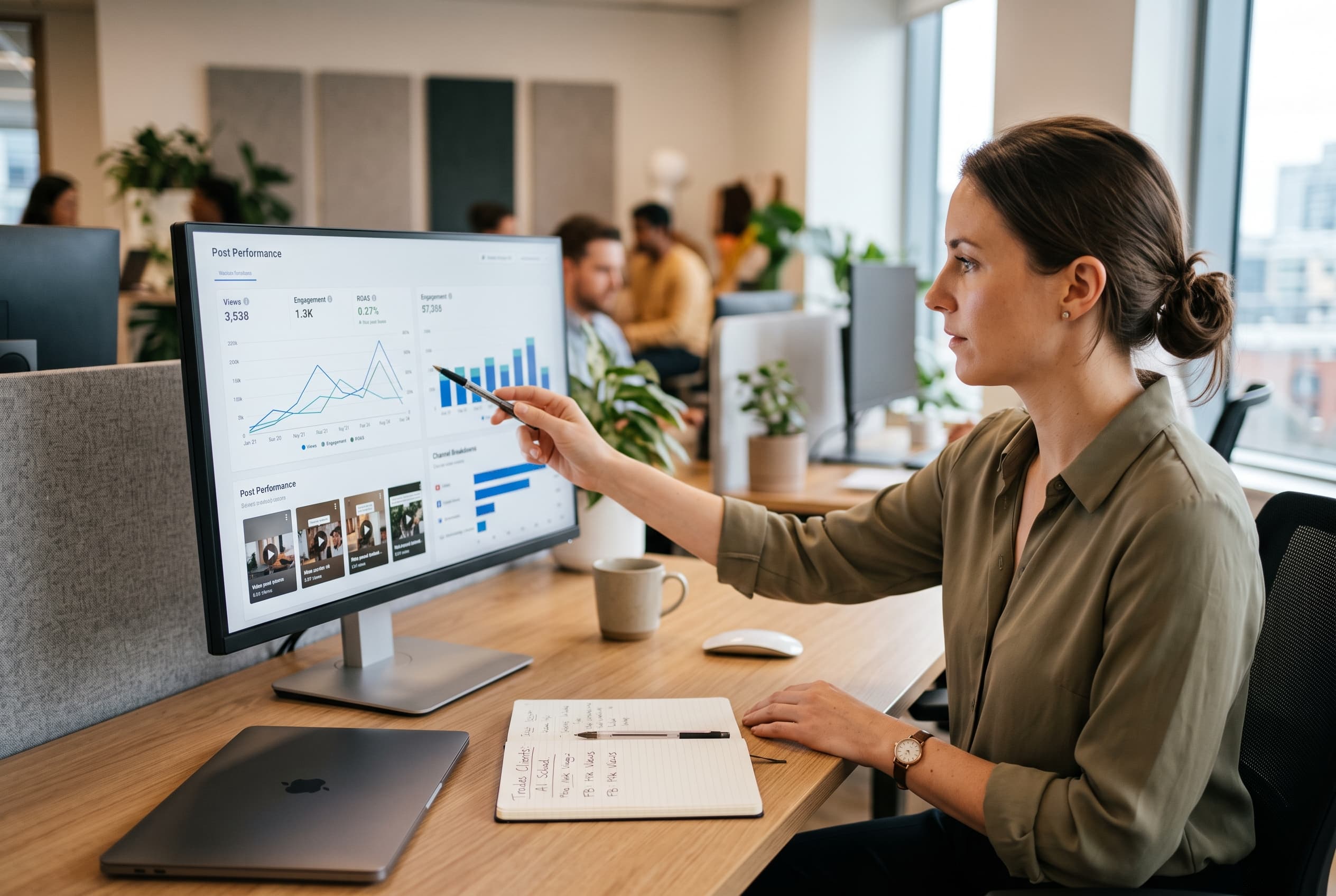 Agency dashboard reviewing AI-scheduled video post metrics for trades clients across social platforms