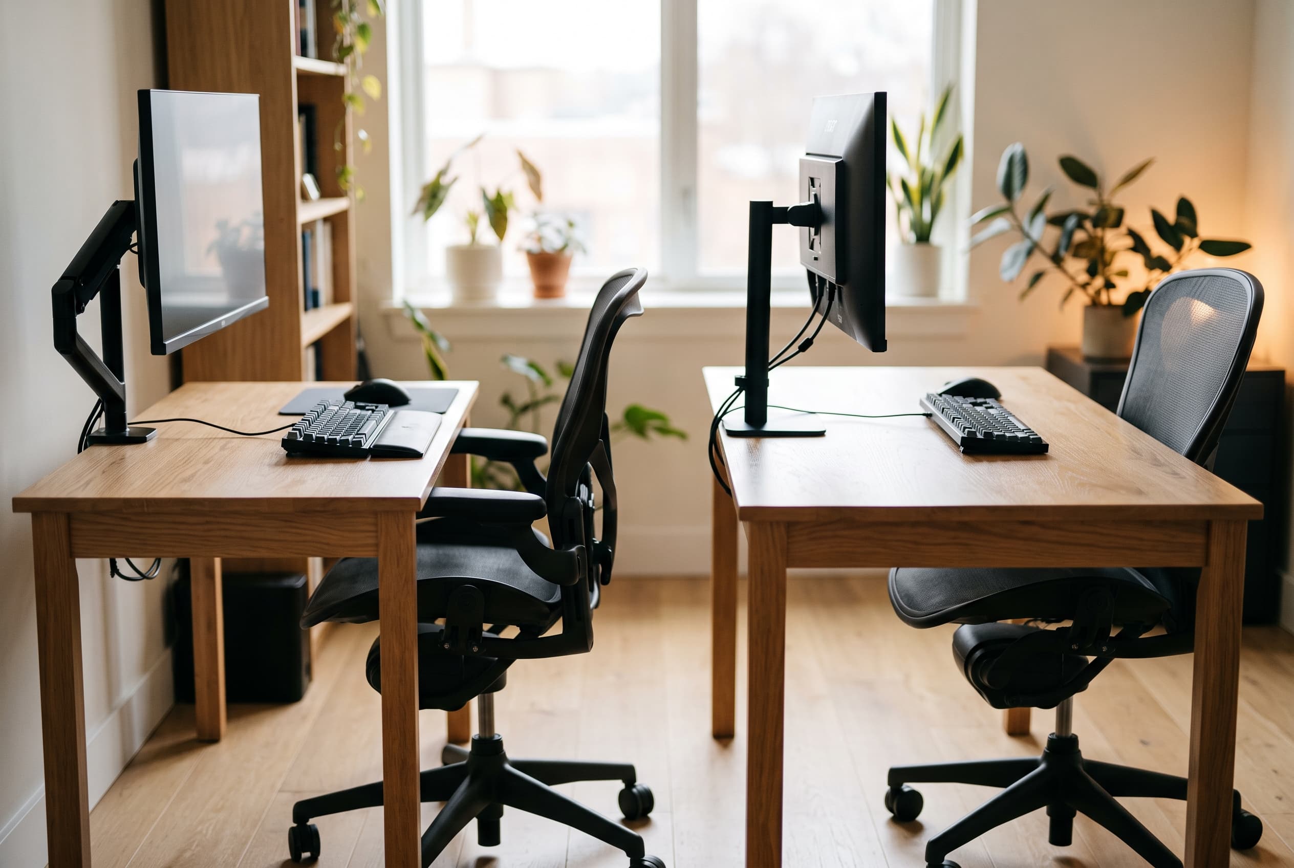 Side view of 24-inch and 30-inch desks showing monitor distance, keyboard space, and chair clearance