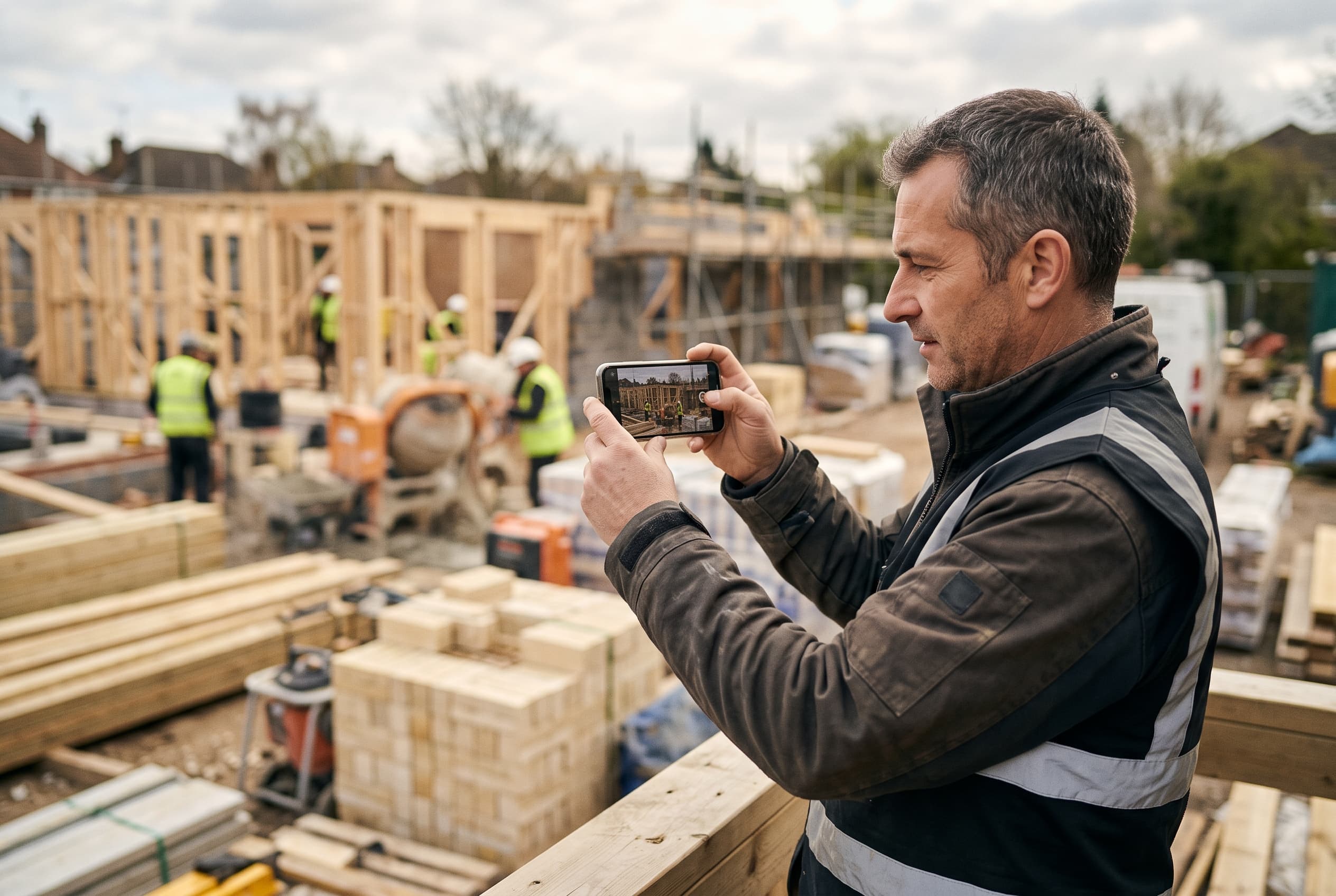 Artisan filmant un chantier avec des légendes de post social générées par IA sur smartphone