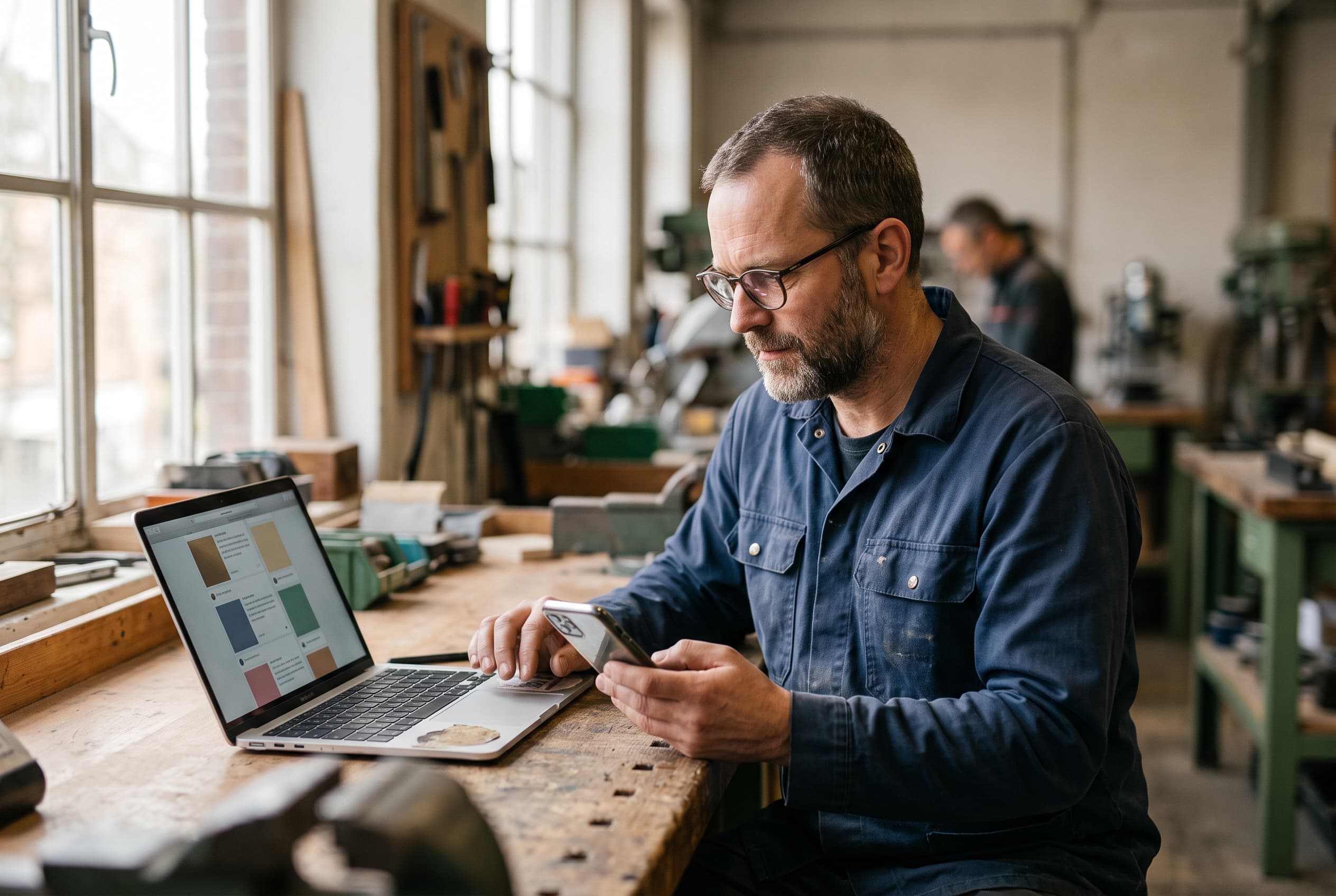 Vakman bekijkt automatisch gegenereerde social posts uit zijn bedrijfswebsite op laptop en telefoon