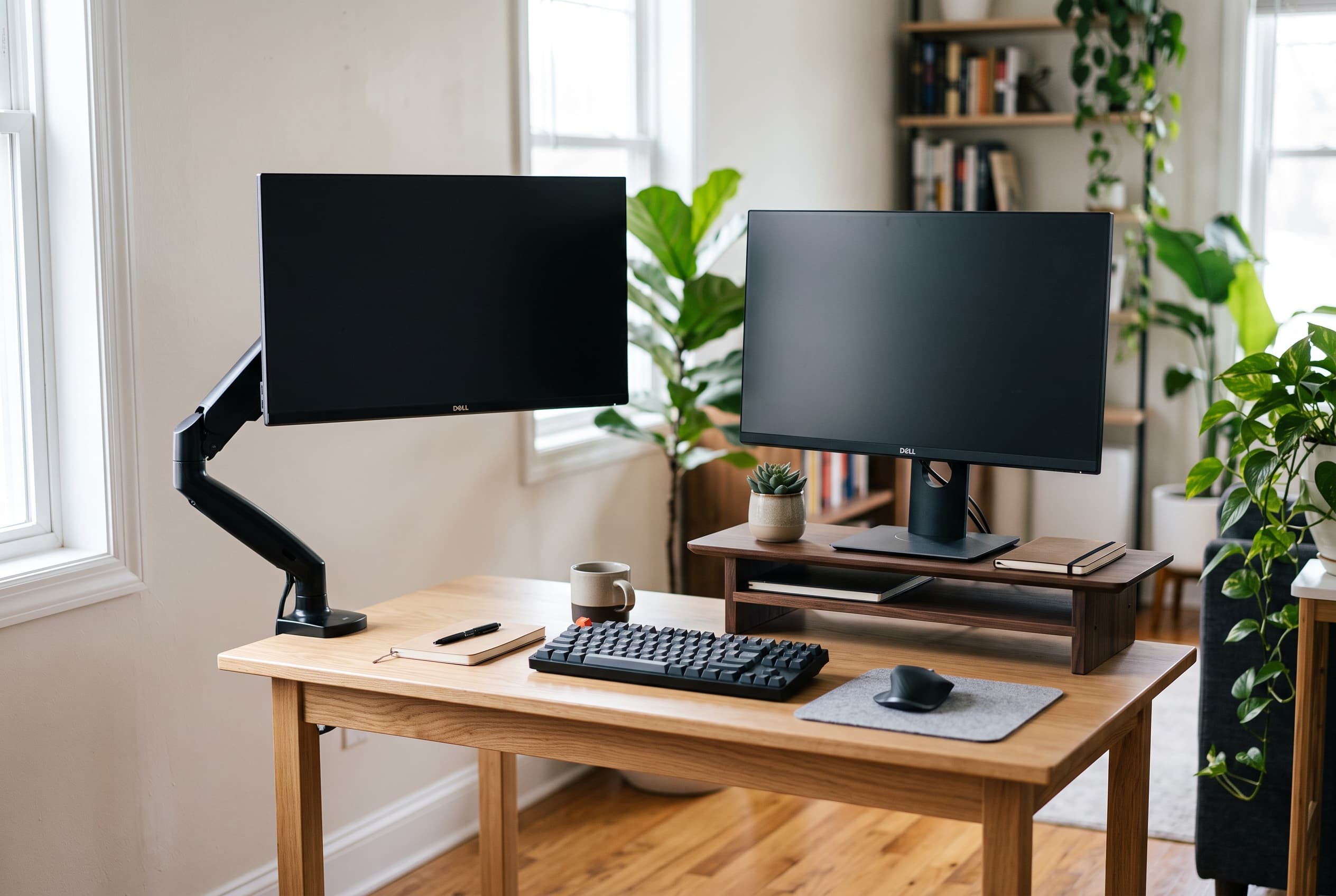 Small desk with a monitor arm on one side and a monitor riser on the other for height comparison
