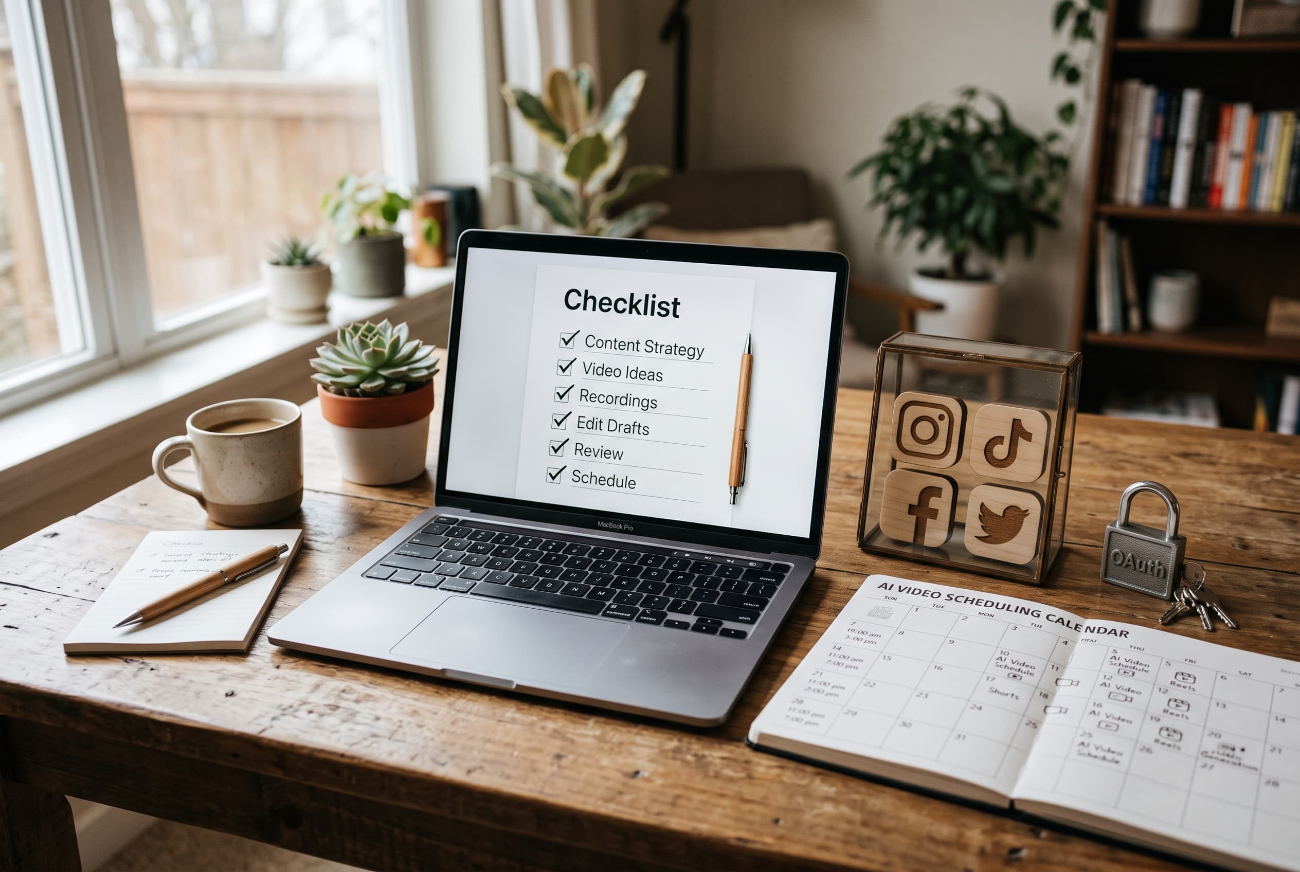 Checklist on laptop beside social media icons, OAuth lock, and AI video scheduling calendar