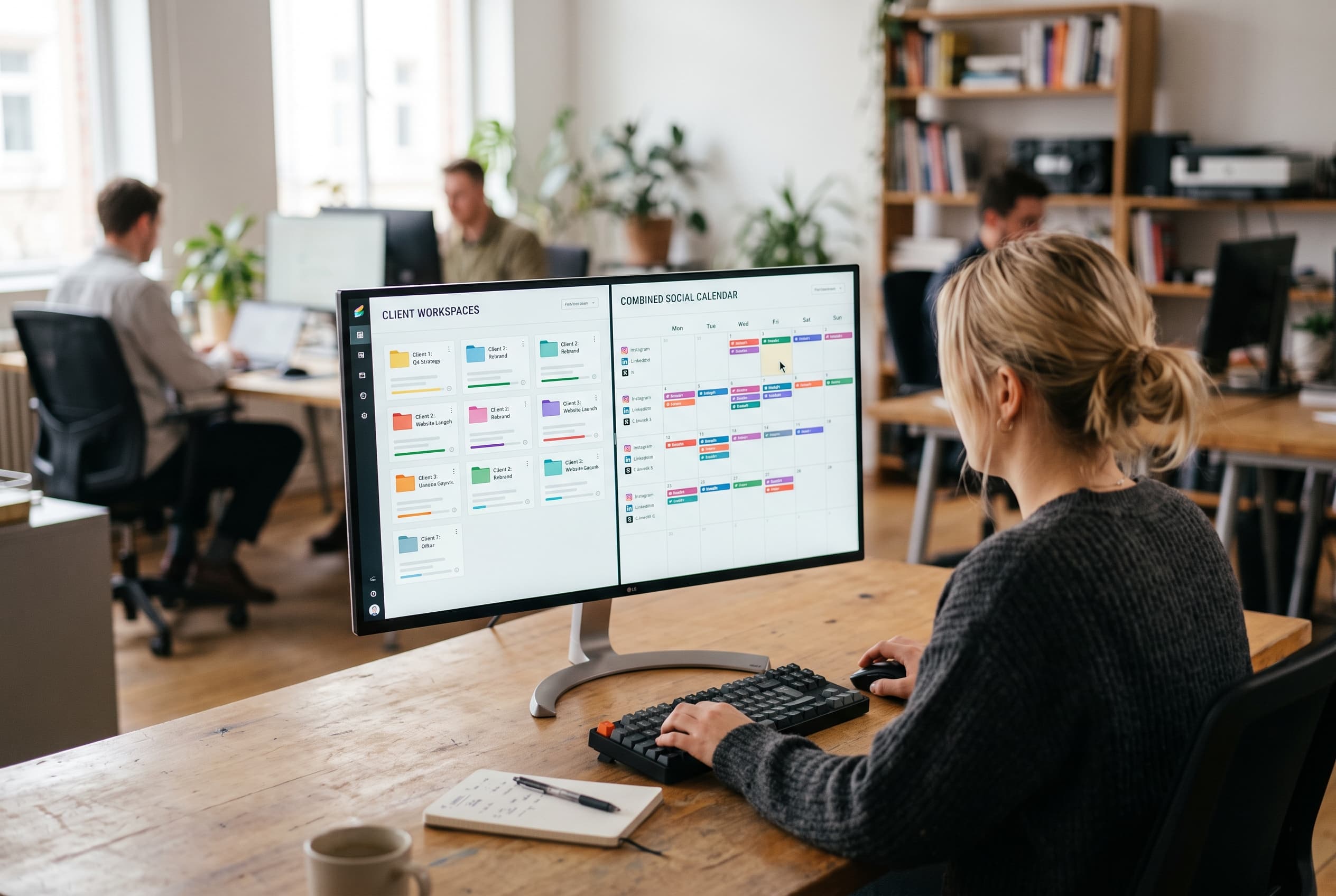 Agency dashboard showing separate client workspaces beside a combined social content calendar