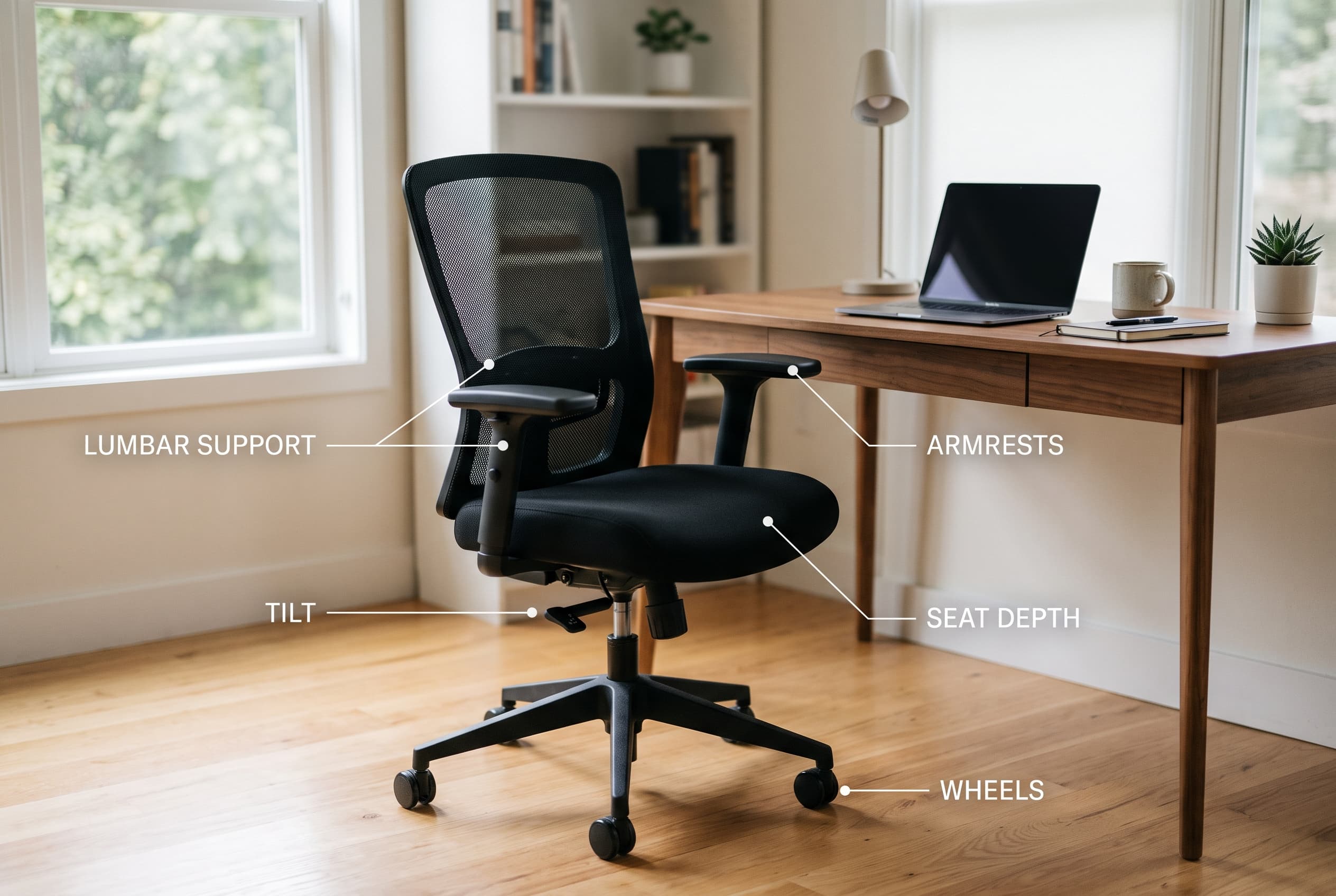 Adjustable task chair beside a desk with callouts for lumbar support, armrests, tilt, seat depth, and wheels
