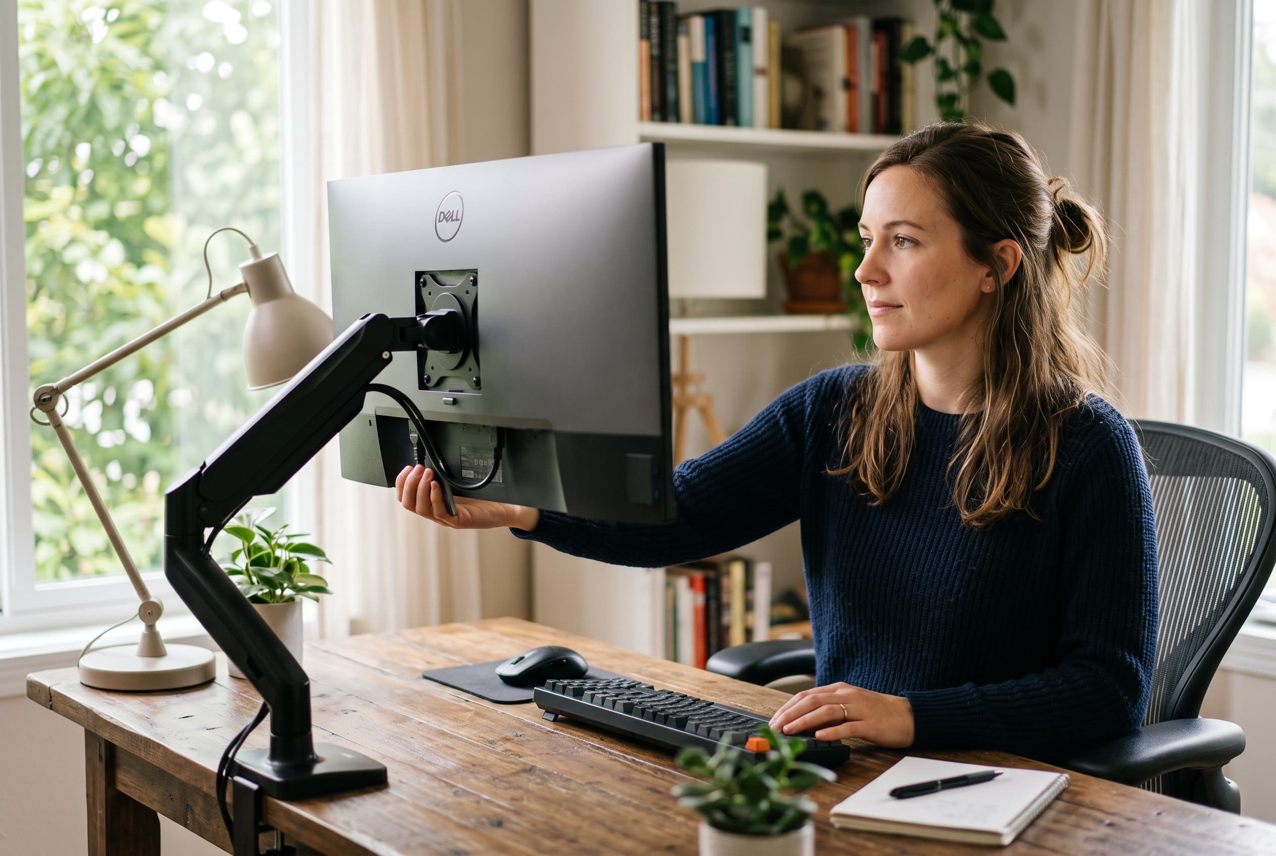 Remote worker adjusting monitor height and lighting to reduce screen glare and eye strain