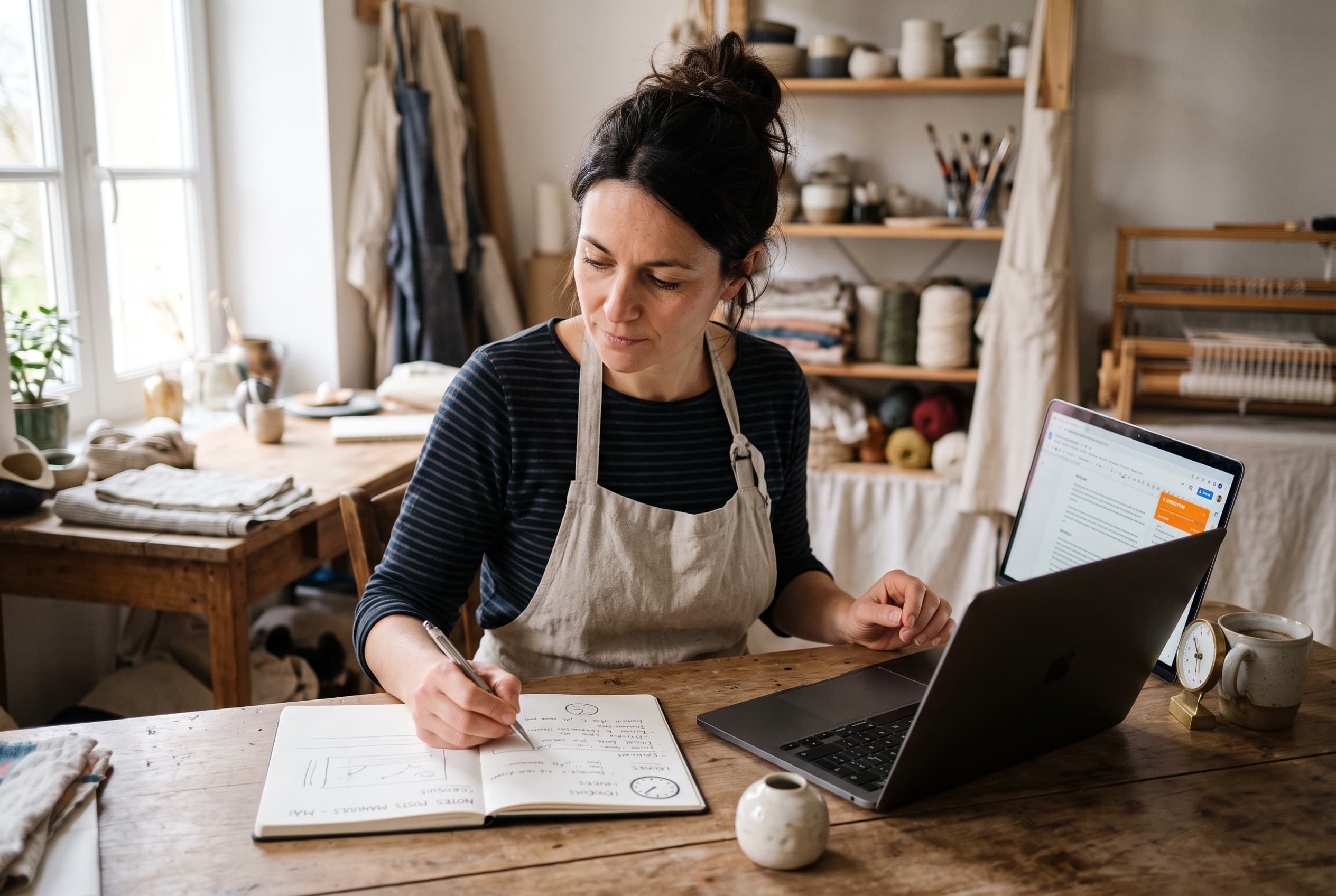 Artisan comparant le temps passé à créer des posts manuels et des contenus générés depuis son site
