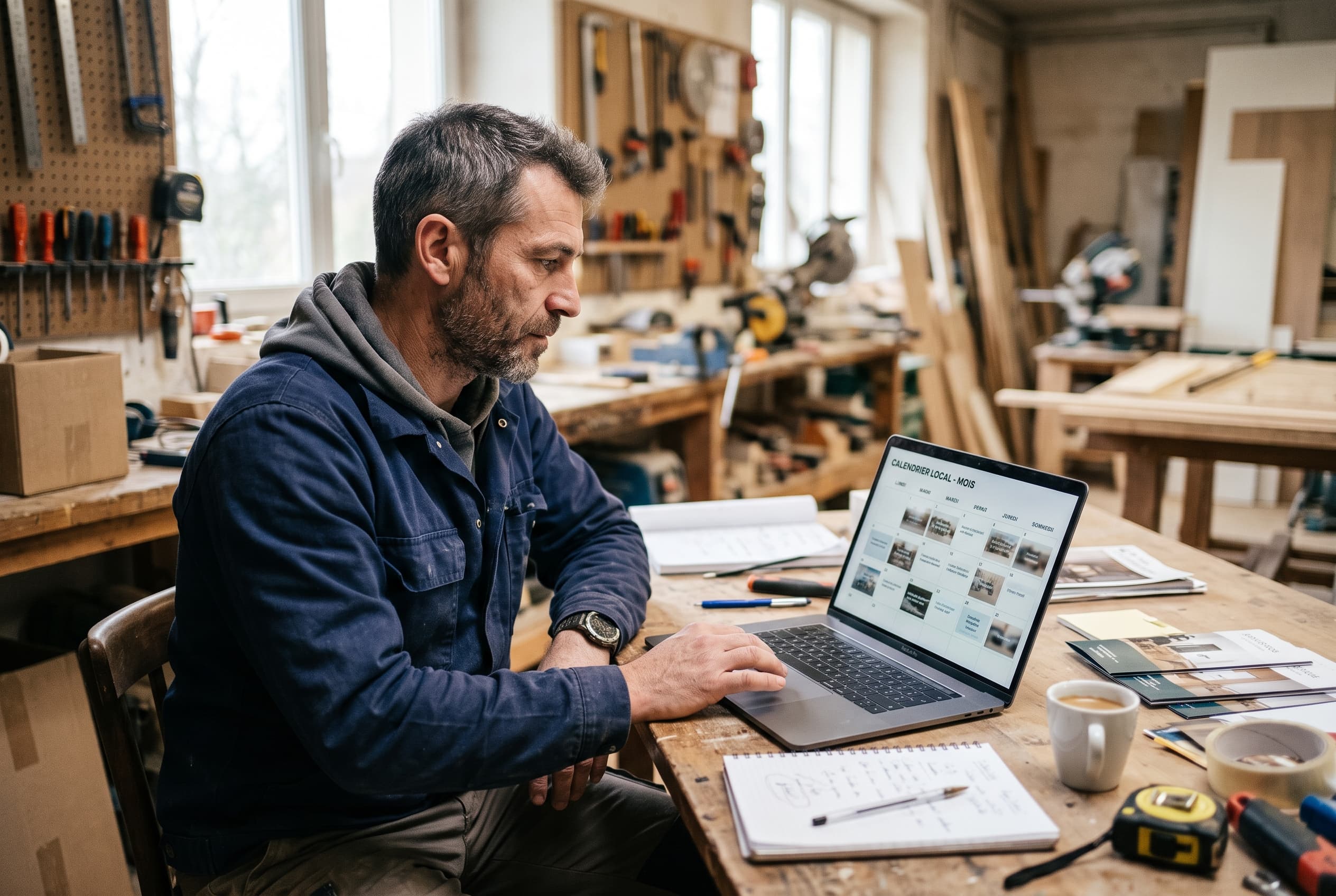Artisan du bâtiment transformant une page service en calendrier de posts locaux sur ordinateur