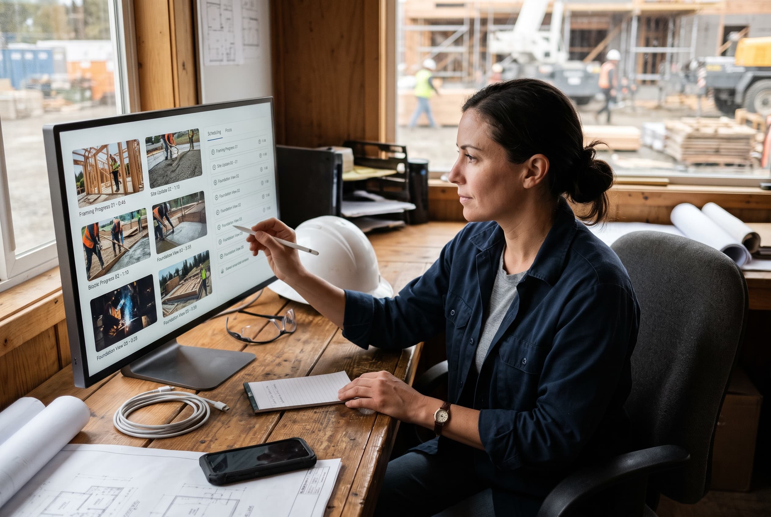 Builder reviewing AI-generated short project videos and scheduled social posts from recent site photos