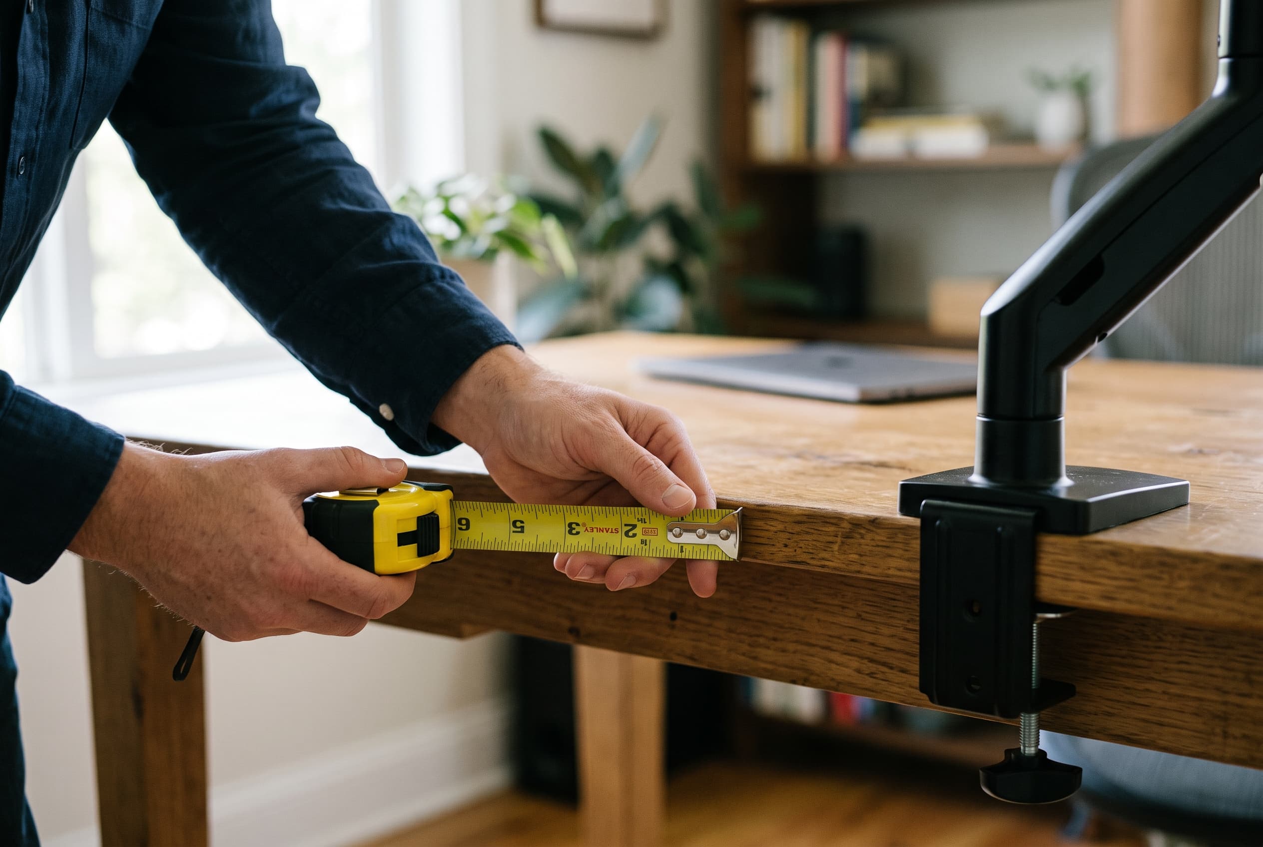 Tape measure checking the rear edge of a desk before installing a clamp-on monitor arm