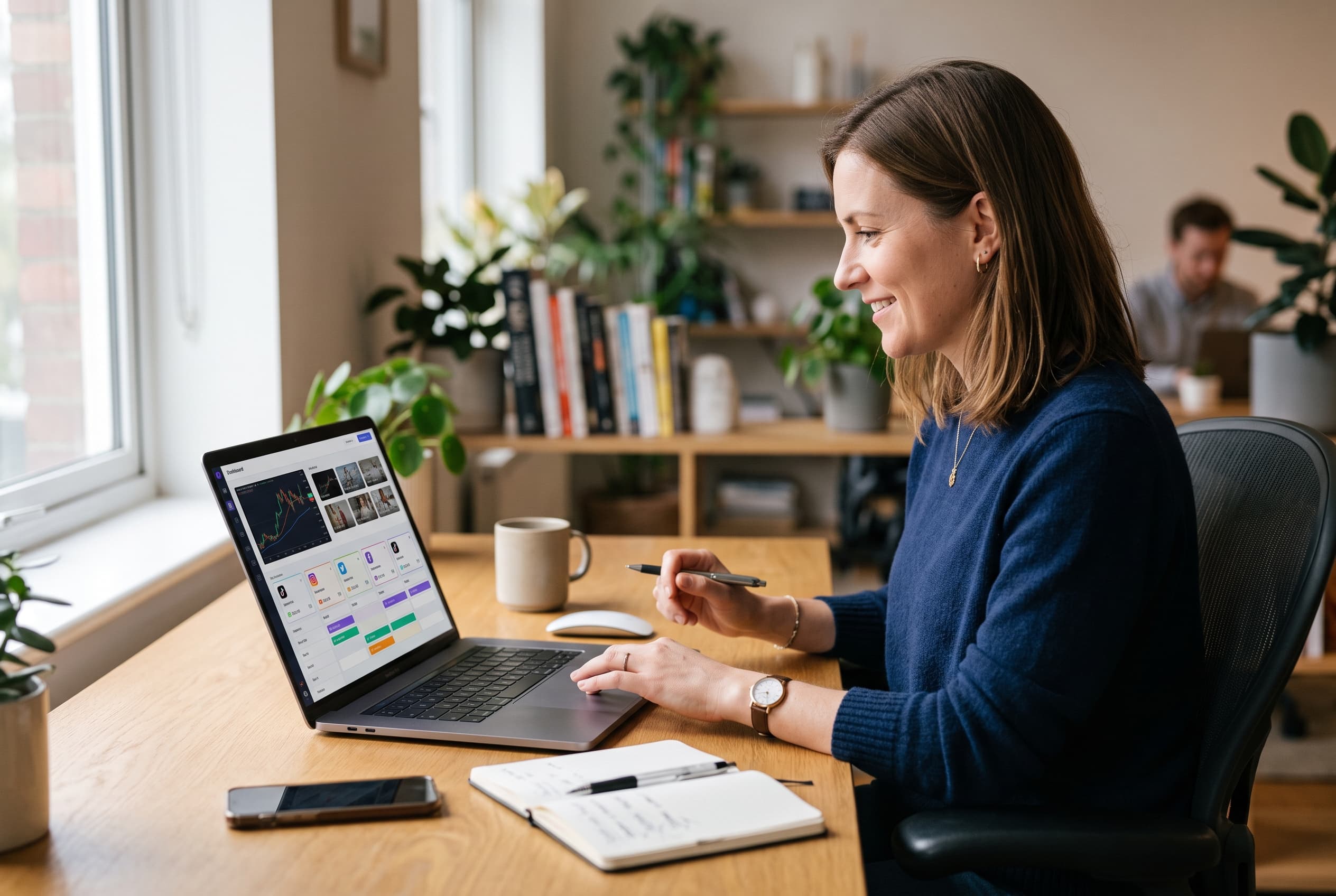 Dashboard scheduling one AI-generated trades video across six social media platforms