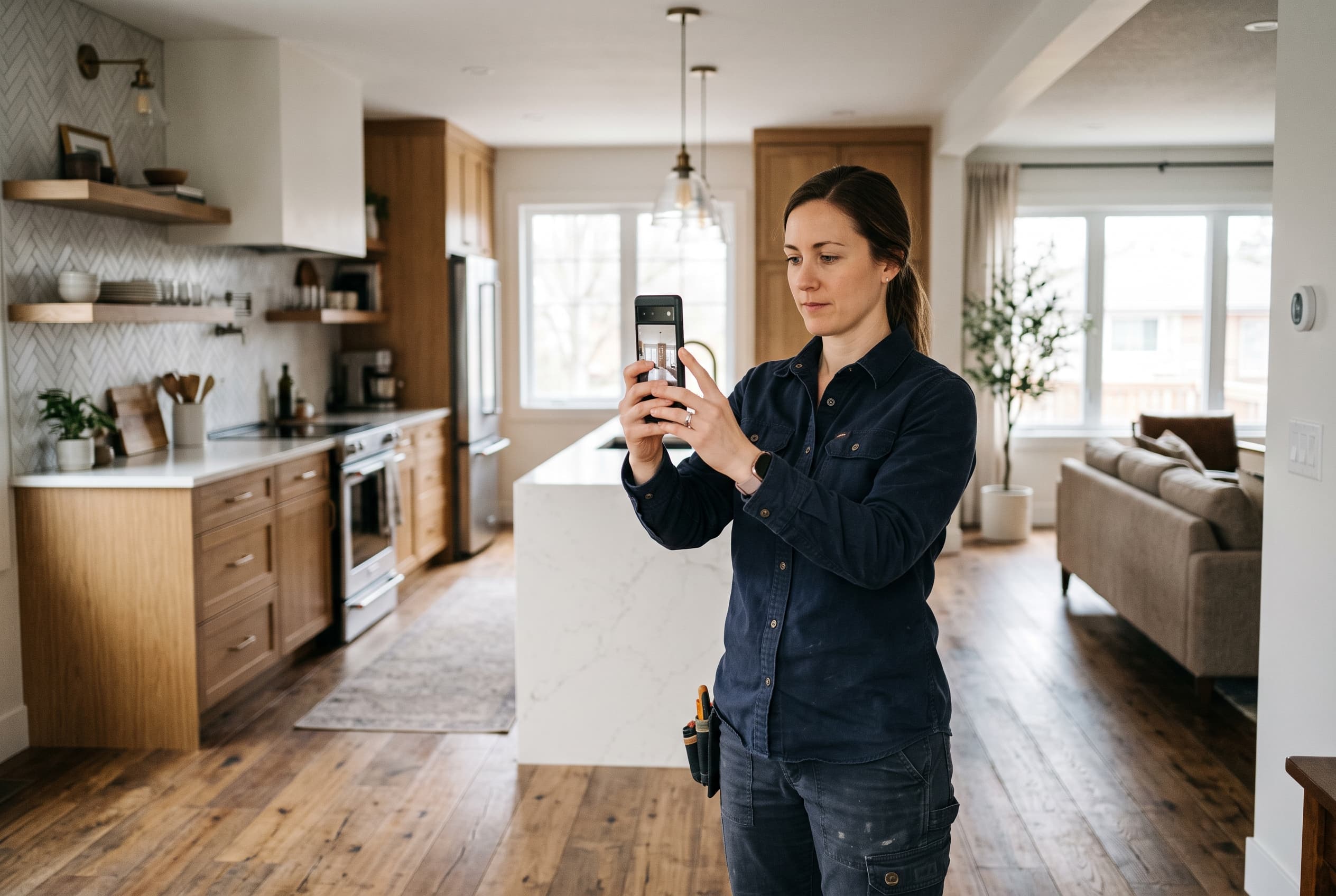 Tradesperson taking a clean vertical photo of a finished renovation for an AI social video