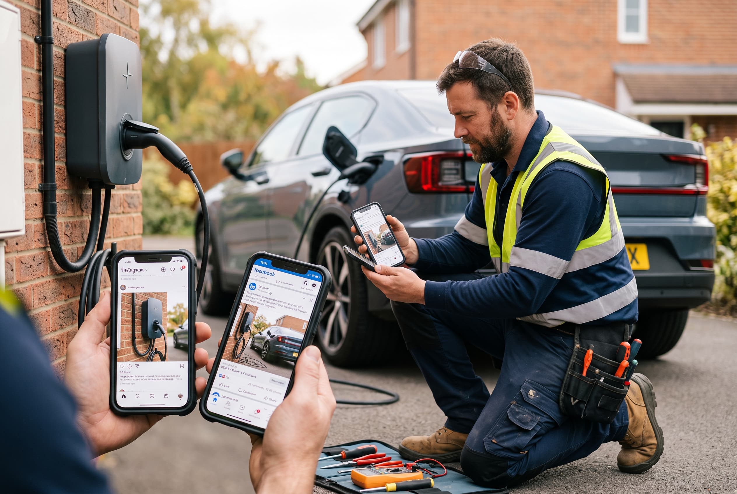 Electrician comparing Instagram, Facebook, and LinkedIn posts from a finished EV charger installation