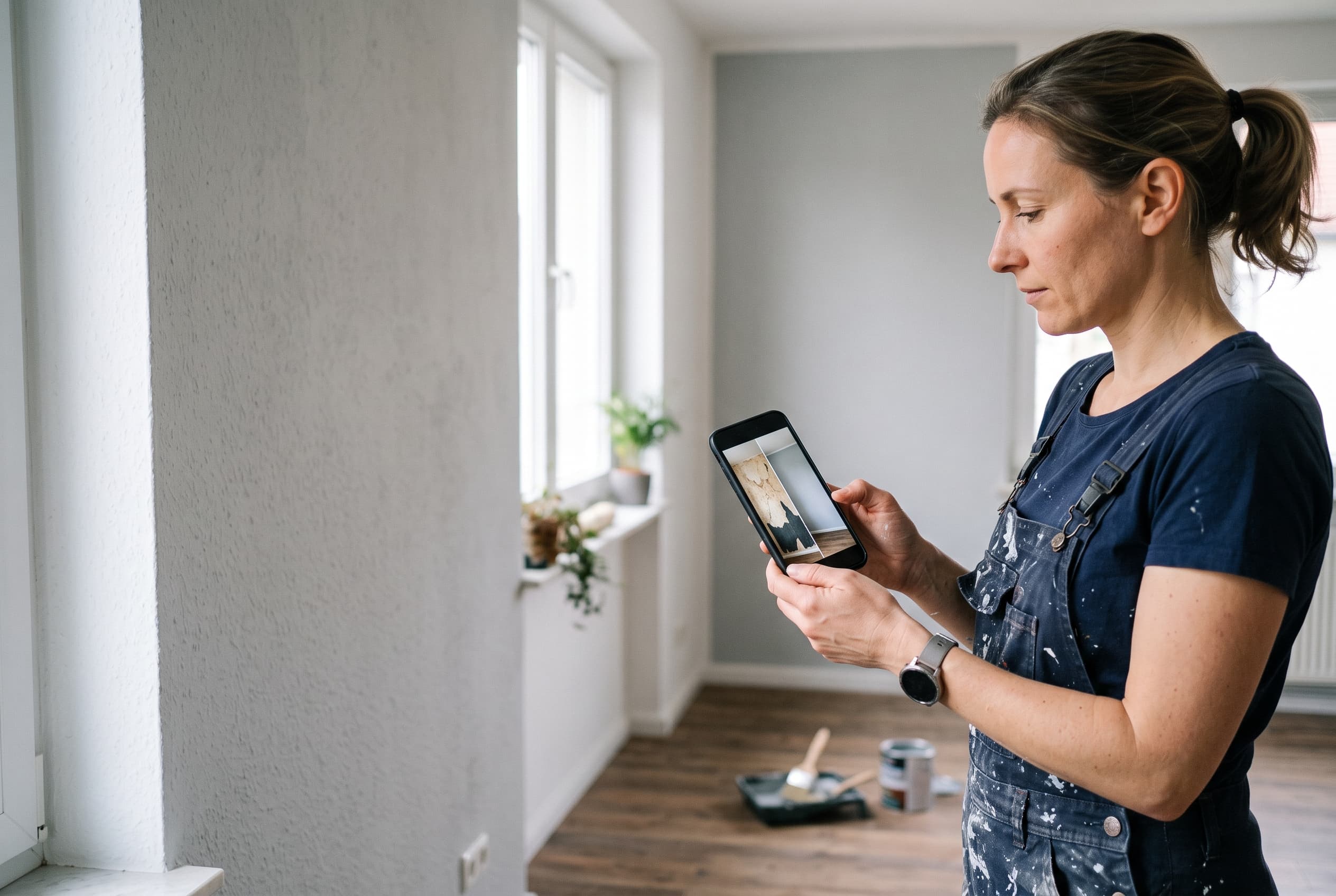 Smartphone zeigt Vorher-Nachher-Video einer frisch gestrichenen Wohnung für Social Media